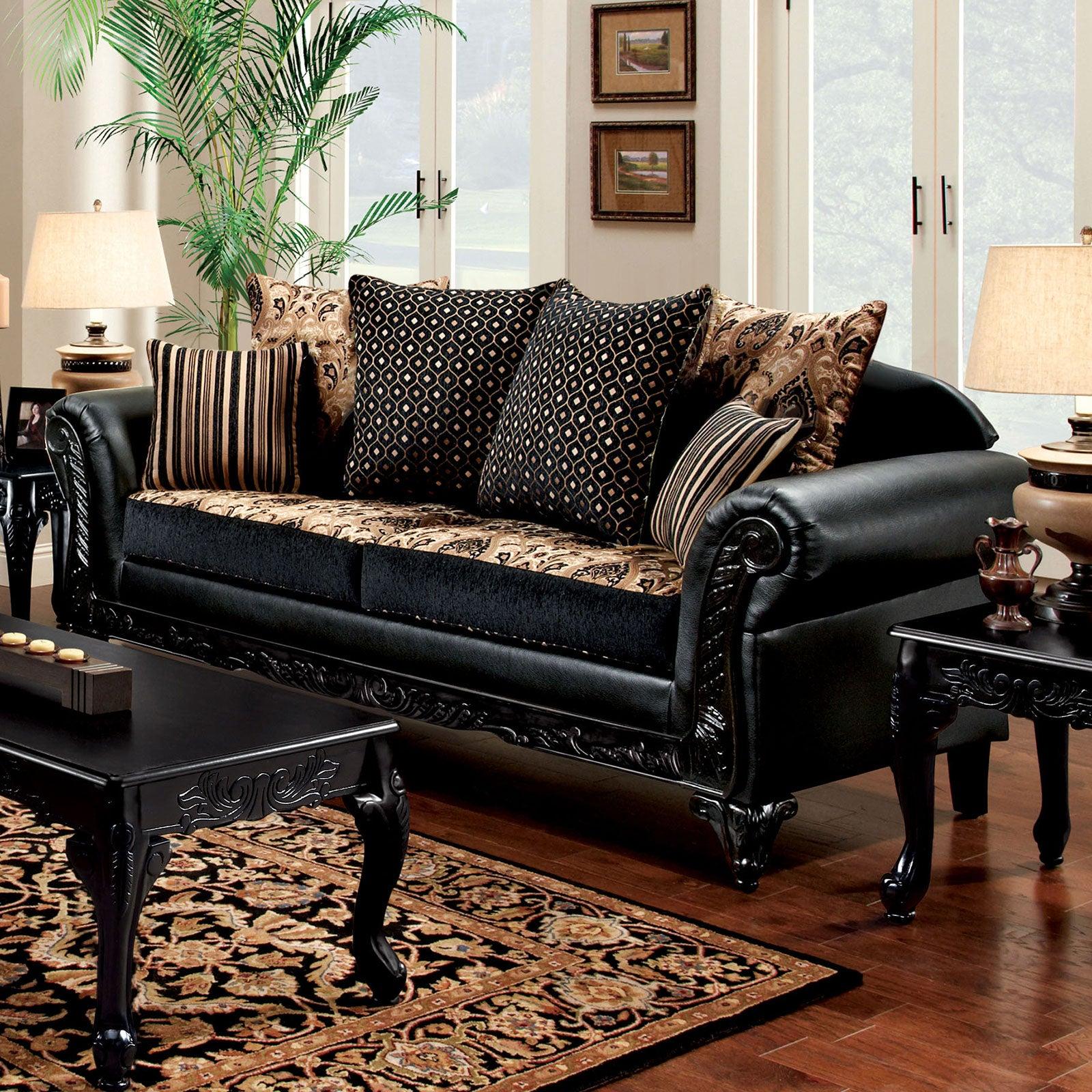 

    
Furniture of America SM7505N-5PC Theodora &amp; Cheshire Sofa Loveseat and Coffee Table Set Tan/Black SM7505N-5PC
