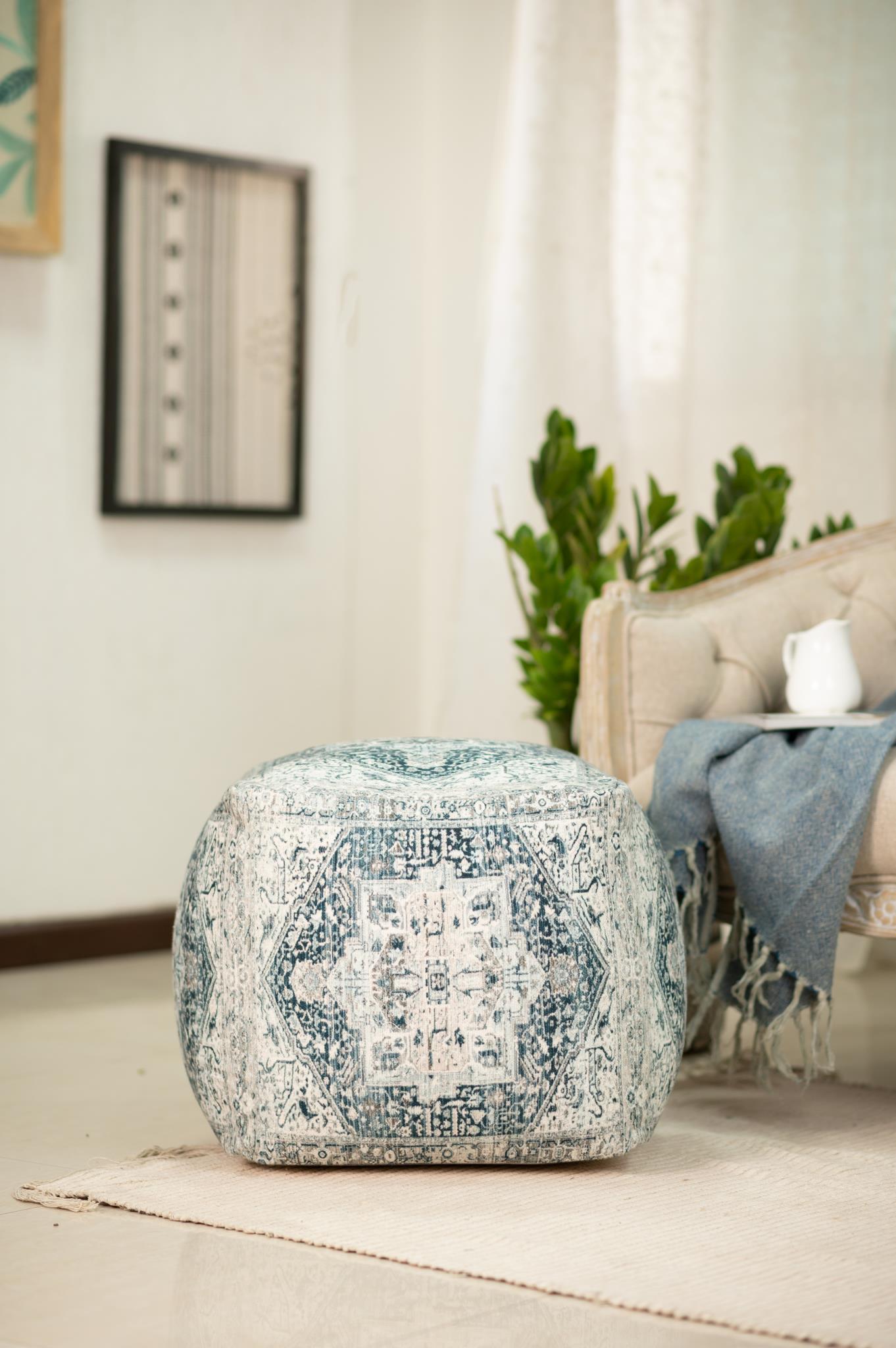 Traditional Ottoman 1616M Square Pouf 718852653236 718852653236 in Blue Fabric