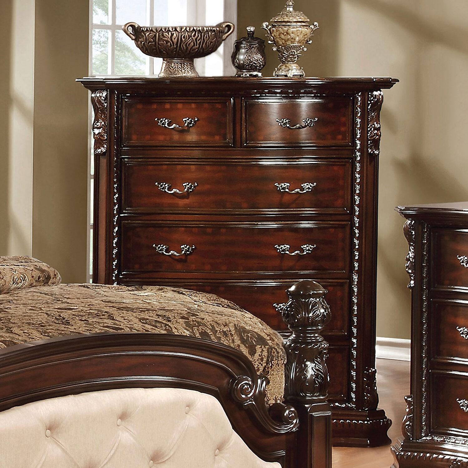 

    
 Shop  Traditional Brown Cherry Solid Wood Poster Queen Bedroom Set 6pcs Furniture of America CM7271-Q Mandalay
