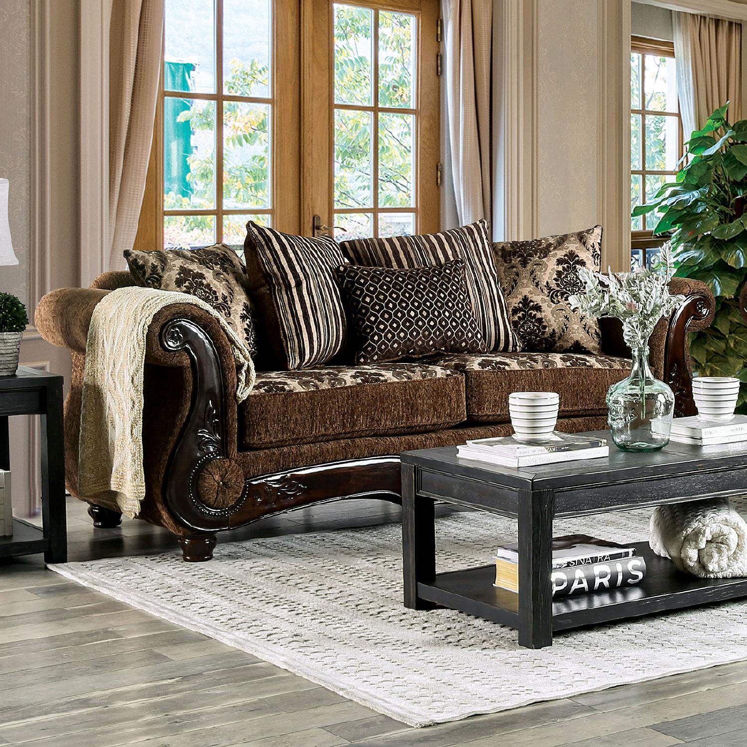 

    
Traditional Brown & Dark Walnut Chenille Sofa and Loveseat Furniture of America Tilde
