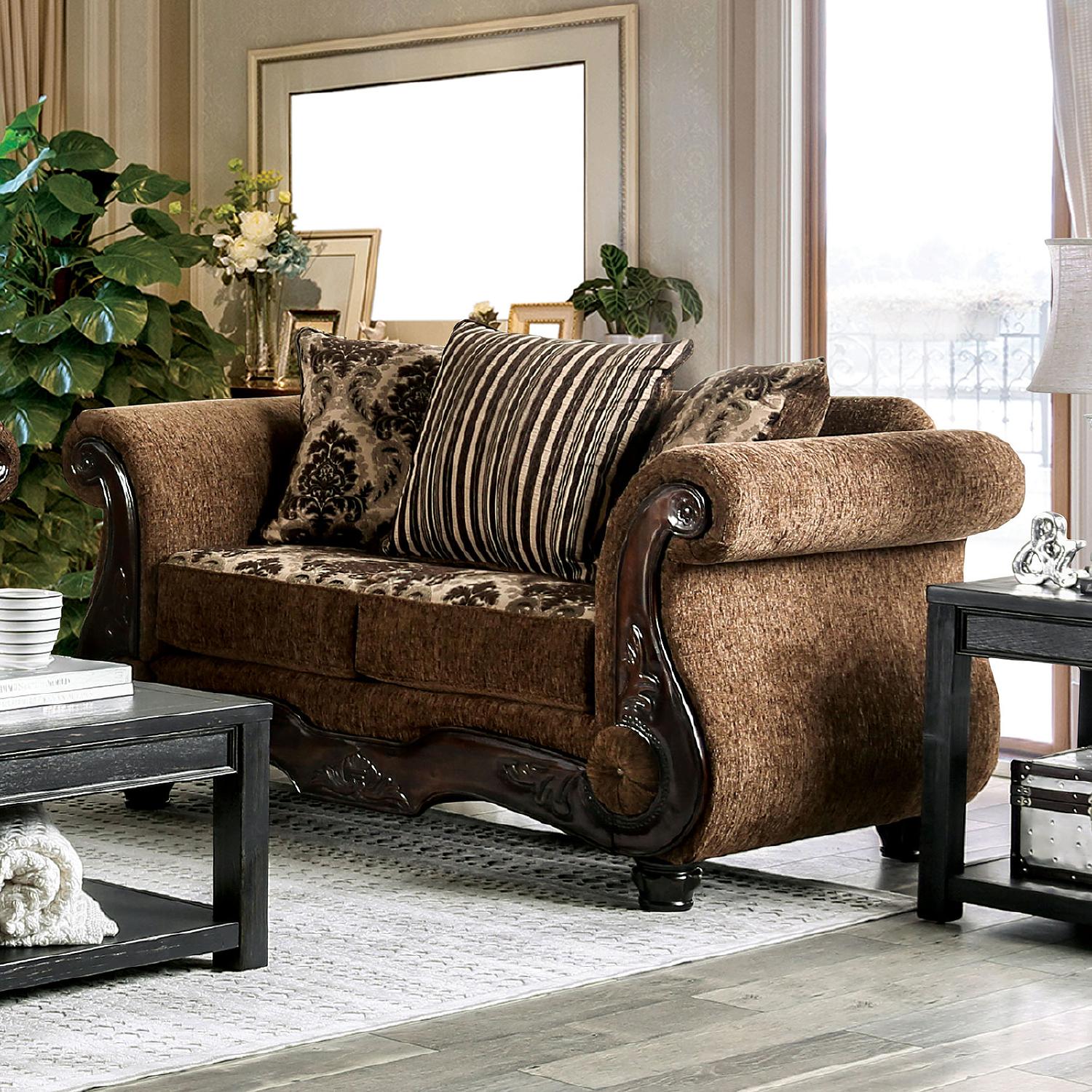 

    
Furniture of America SM6430-2PC Tilde Sofa and Loveseat Set Dark Walnut/Brown SM6430-2PC
