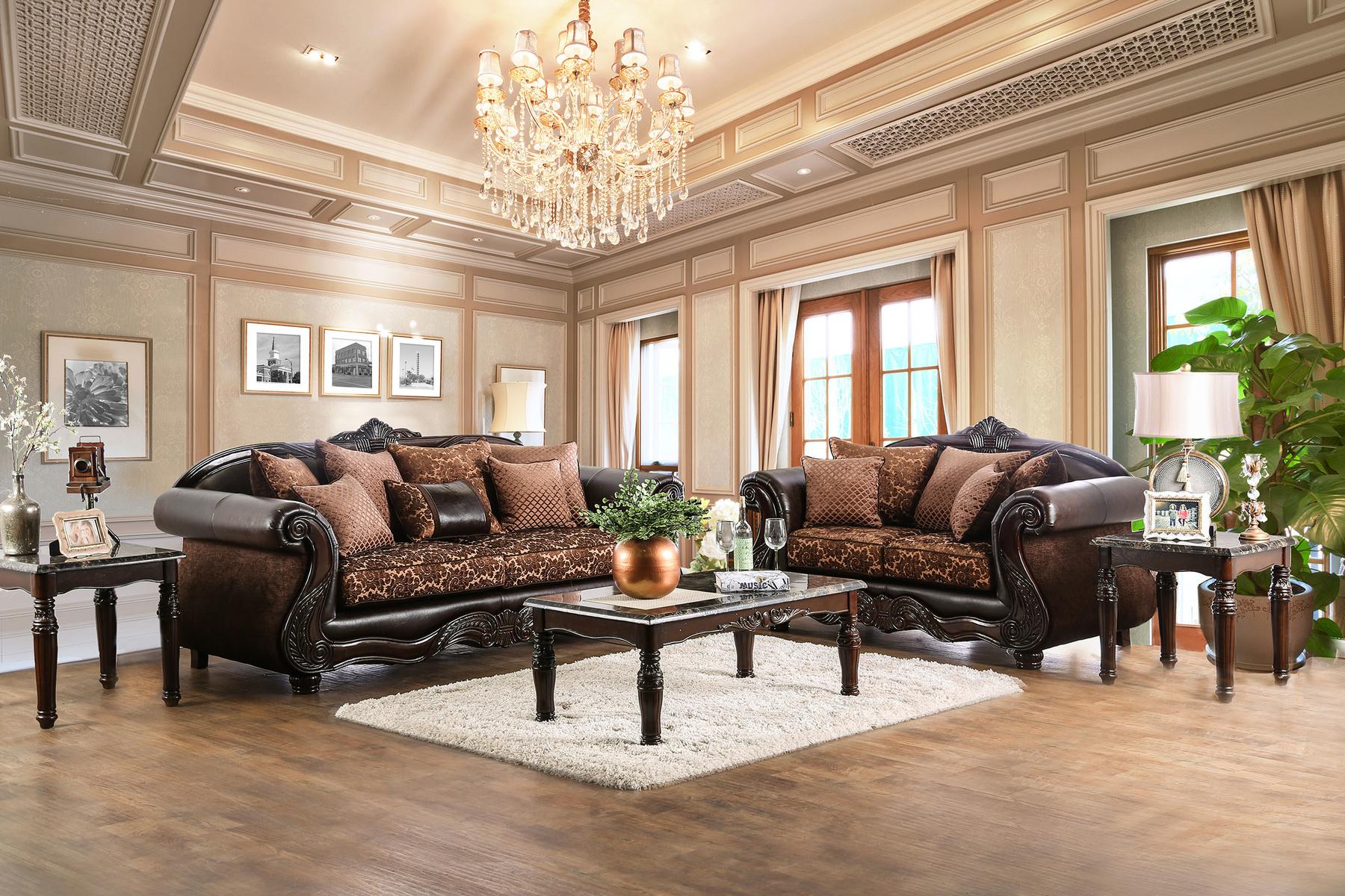 Traditional Sofa Loveseat and Coffee Table Set SM6404-5PC Elpis & Brampton SM6404-5PC in Brown Chenille