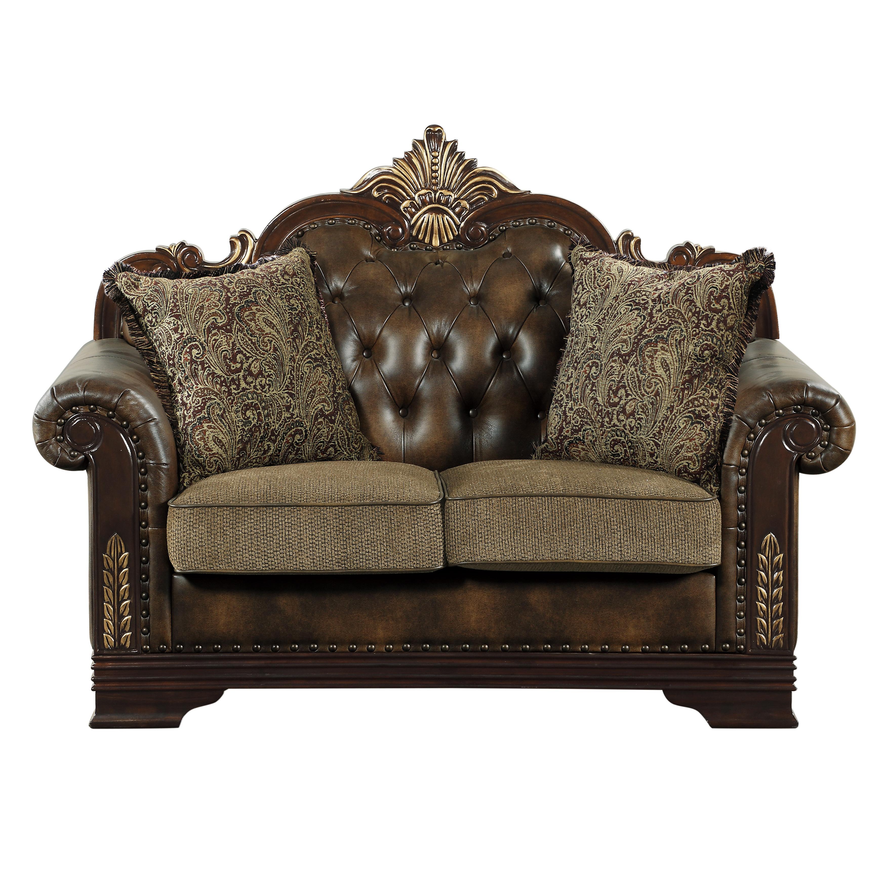 

    
9815-2PC Traditional Brown Faux Leather & Chenille Living Room Set 2pcs Homelegance 9815 Croydon
