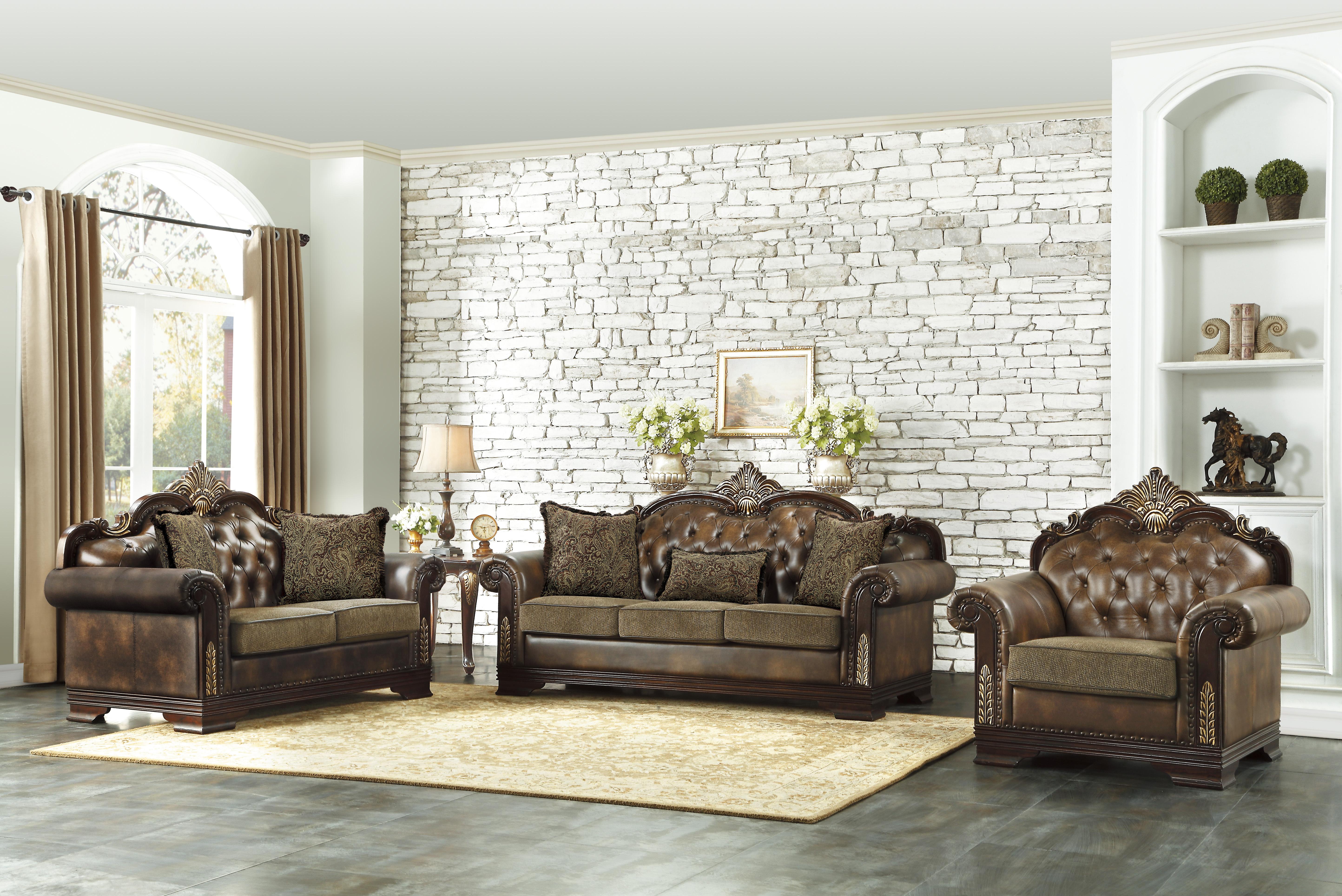 

    
Traditional Brown Faux Leather & Chenille Living Room Set 3pcs Homelegance 9815 Croydon
