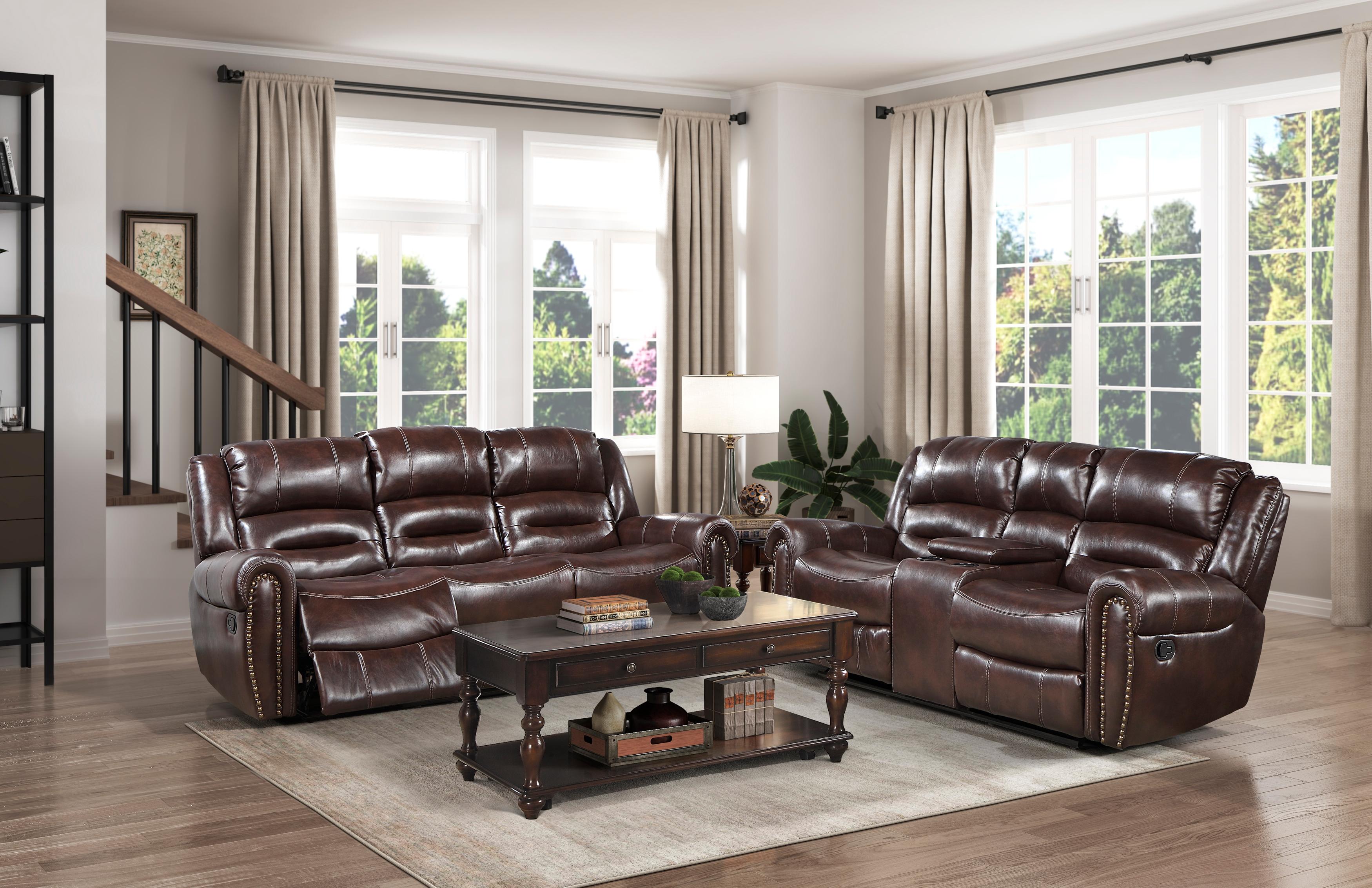 Traditional Reclining Set 9668NBR-2PC Center Hill 9668NBR-2PC in Brown Faux Leather