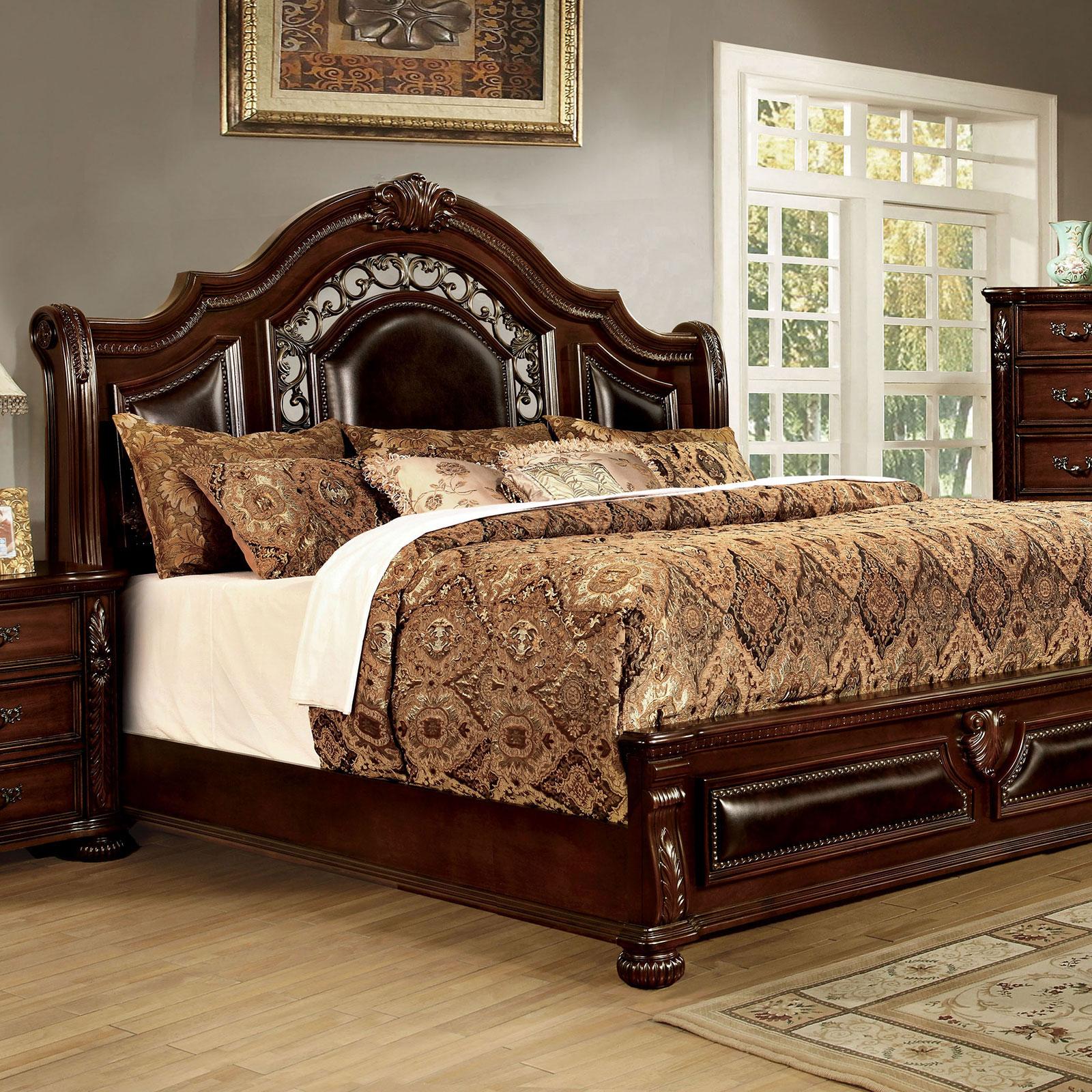 Traditional Panel Bed FLANDREAU CM7588EK-BED in Brown Faux Leather