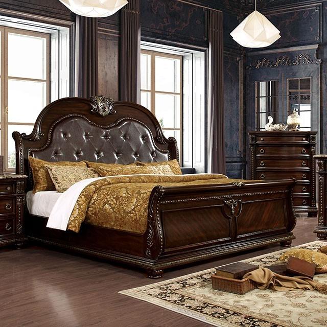 

    
Brown Cherry Faux Leather King Sleigh Bed Furniture of America FROMBERG
