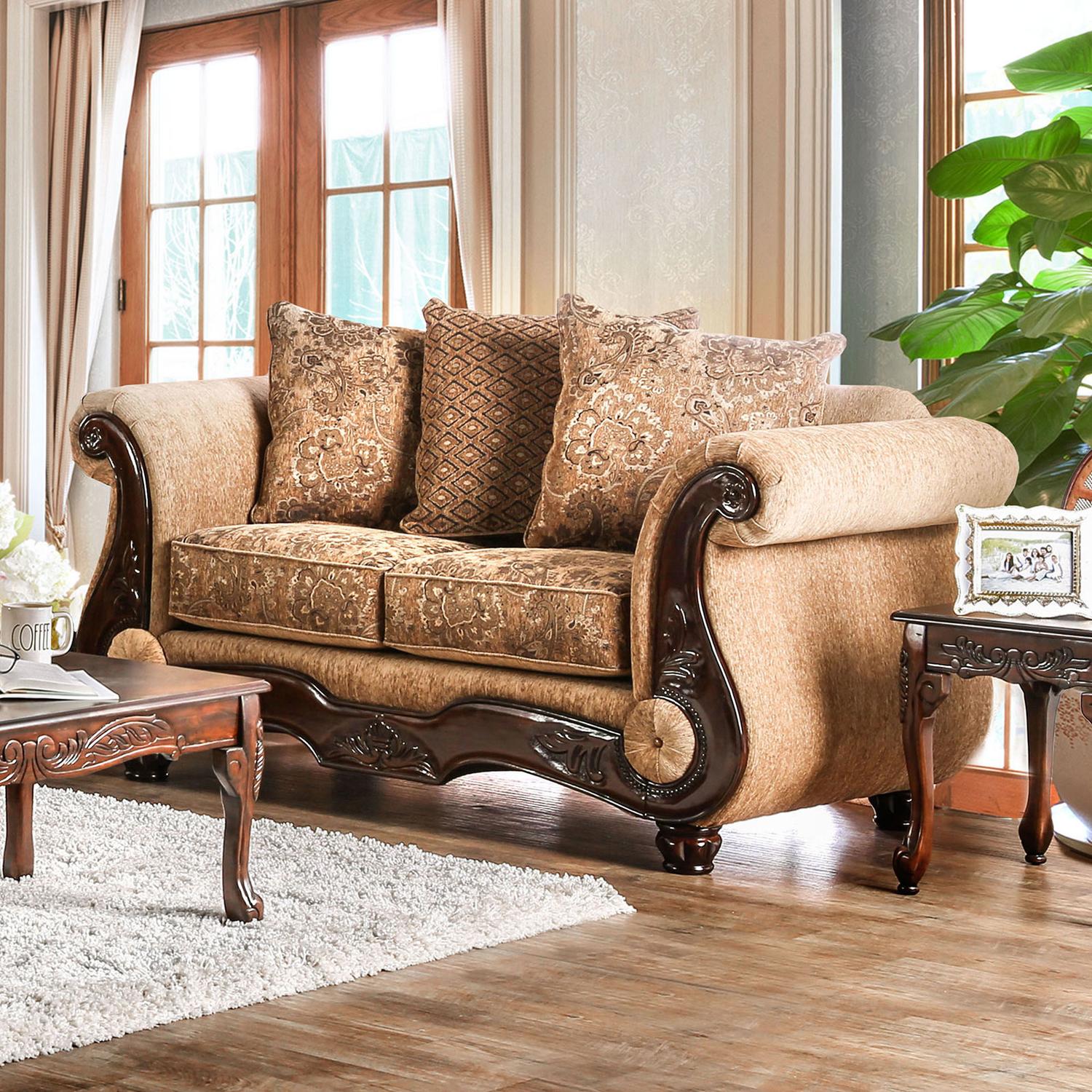 

    
Tan & Gold Chenille Loveseat NICANOR SM6407-LV Furniture of America Traditional
