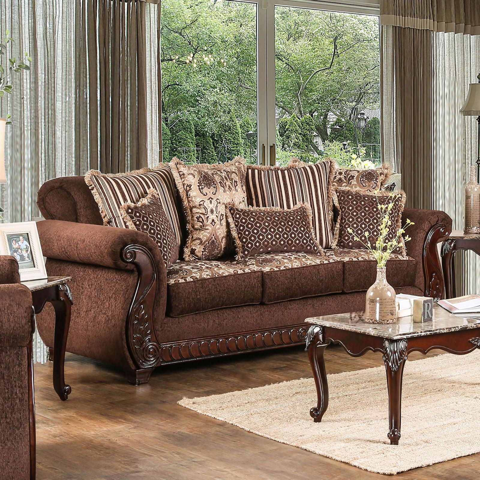 

    
Traditional Brown & Gold Fabric Living Room Set 3pcs Furniture of America Tabitha
