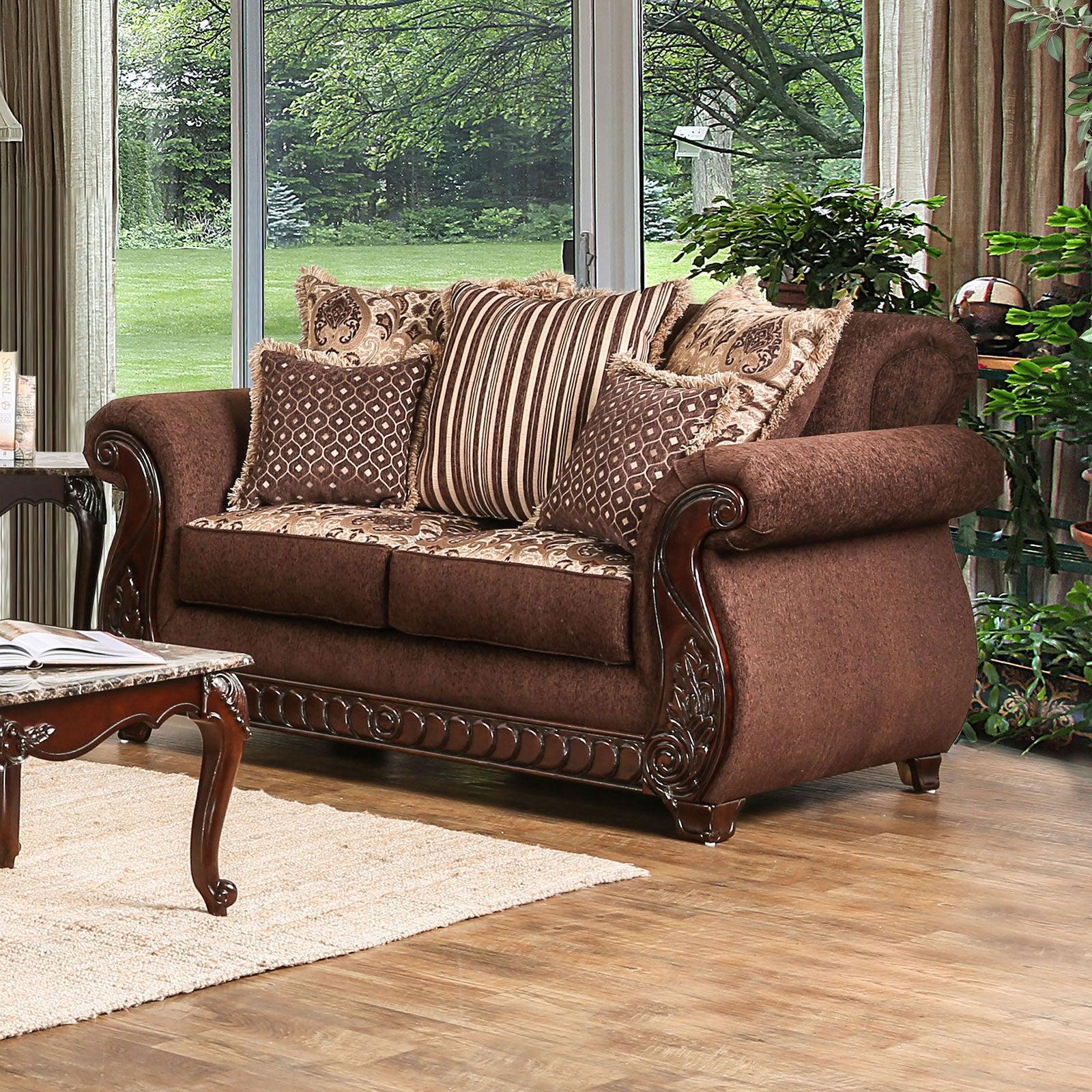 

    
Furniture of America SM6109-3PC Tabitha Sofa Loveseat and Chair Set Brown SM6109-3PC
