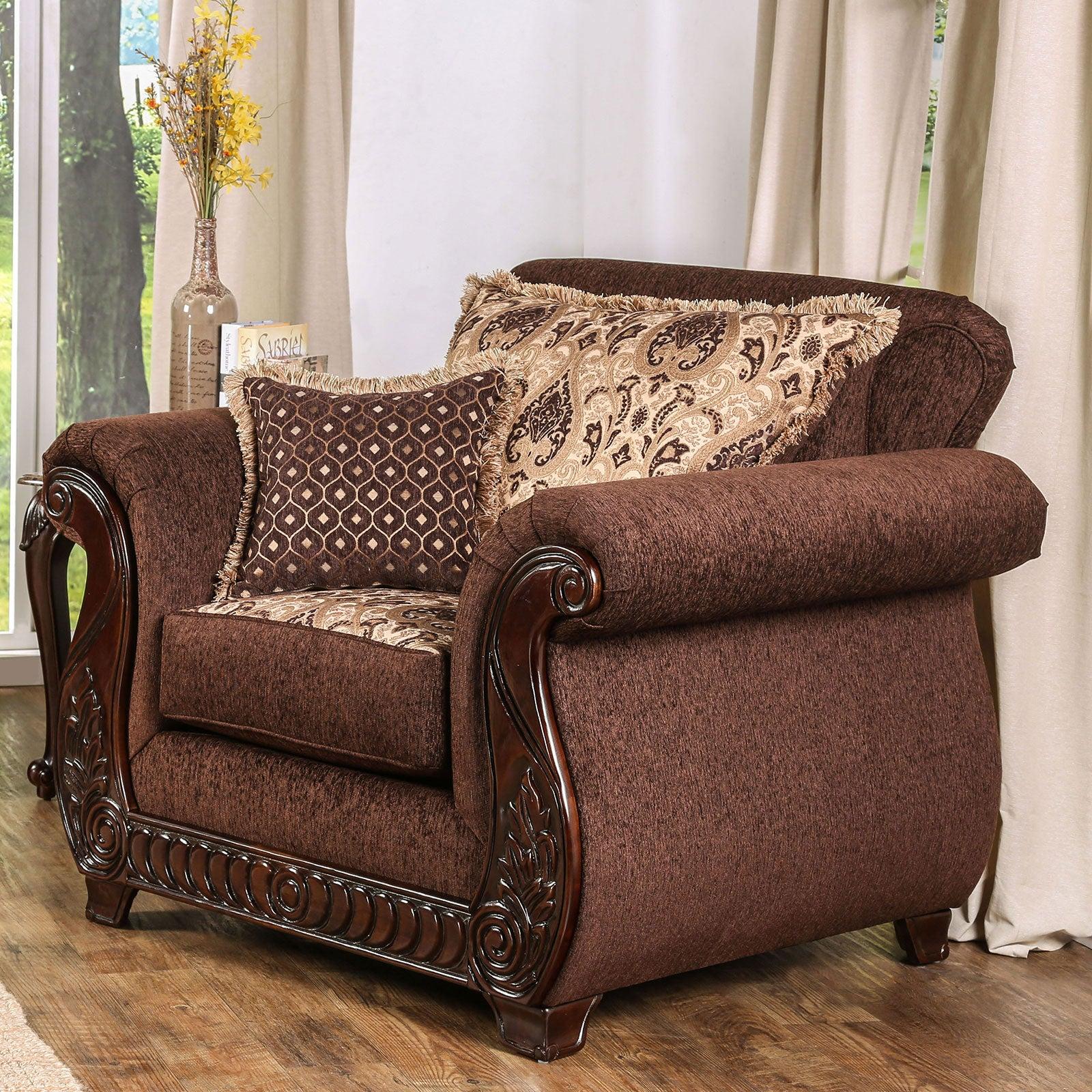 

                    
Furniture of America SM6109-3PC Tabitha Sofa Loveseat and Chair Set Brown Fabric Purchase 
