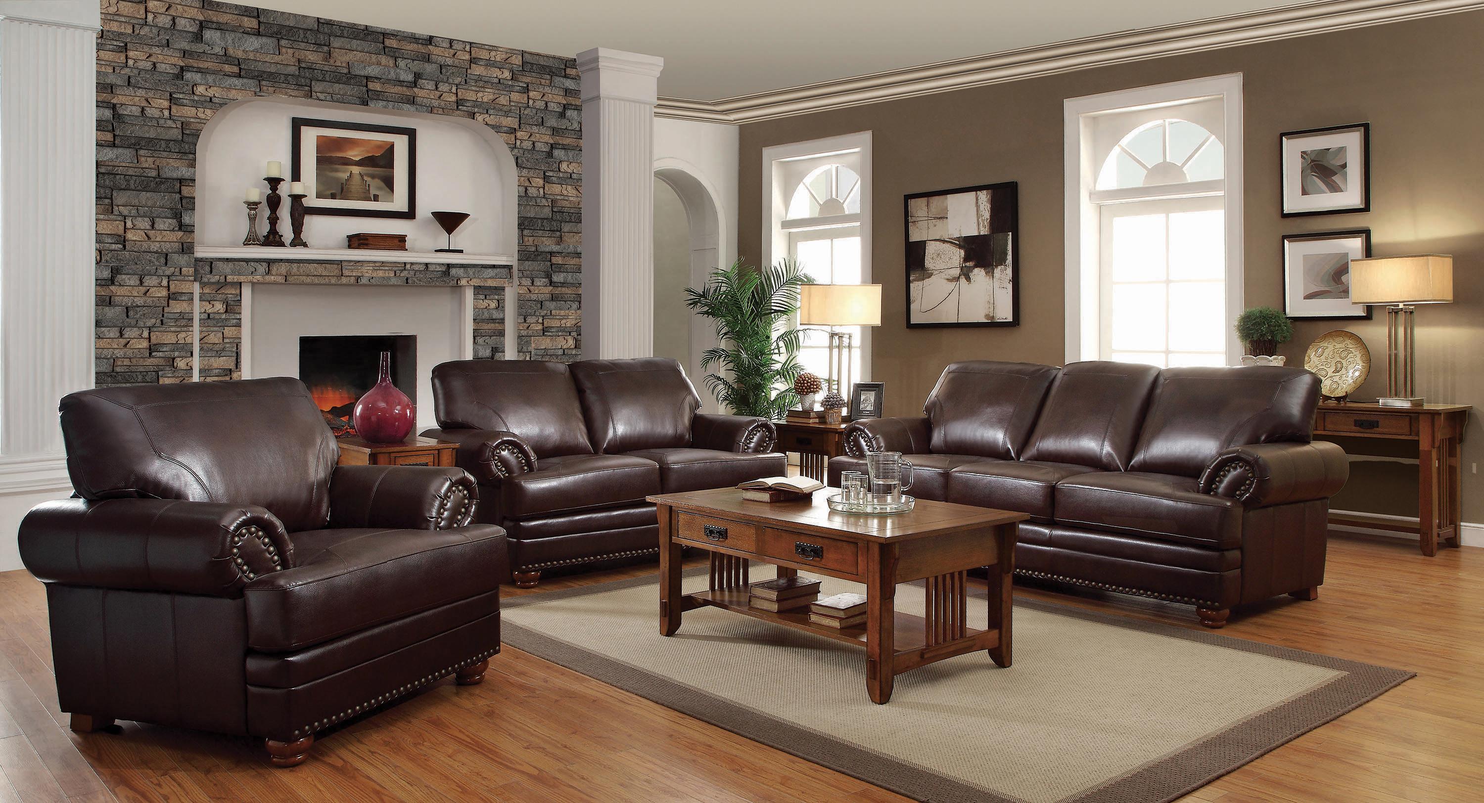 

    
Traditional Brown Leatherette Living Room Set 3pcs Coaster 504411-S3 Colton
