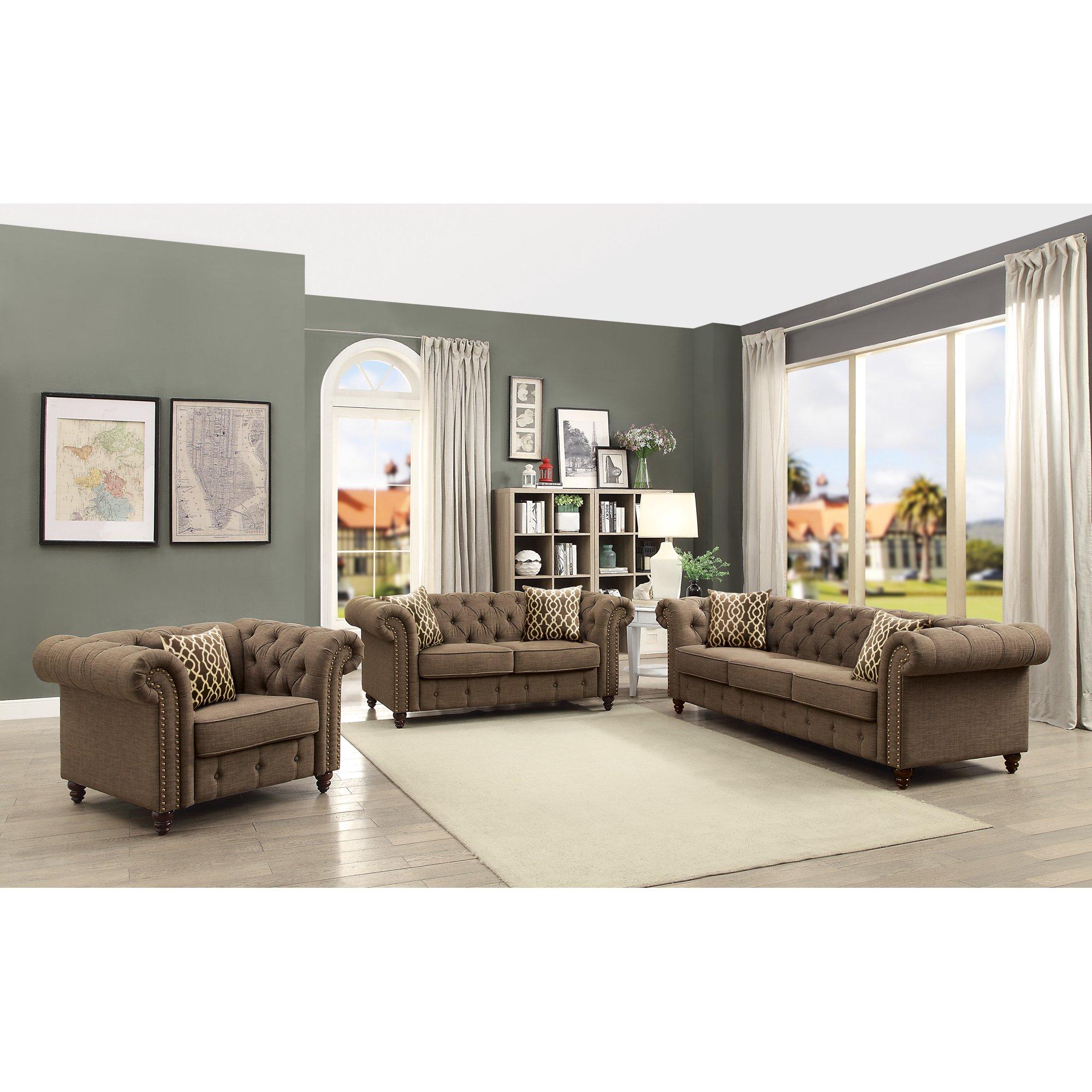 Traditional,  Vintage Sofa and Loveseat Set Aurelia 52425-2pcs in Brown Linen