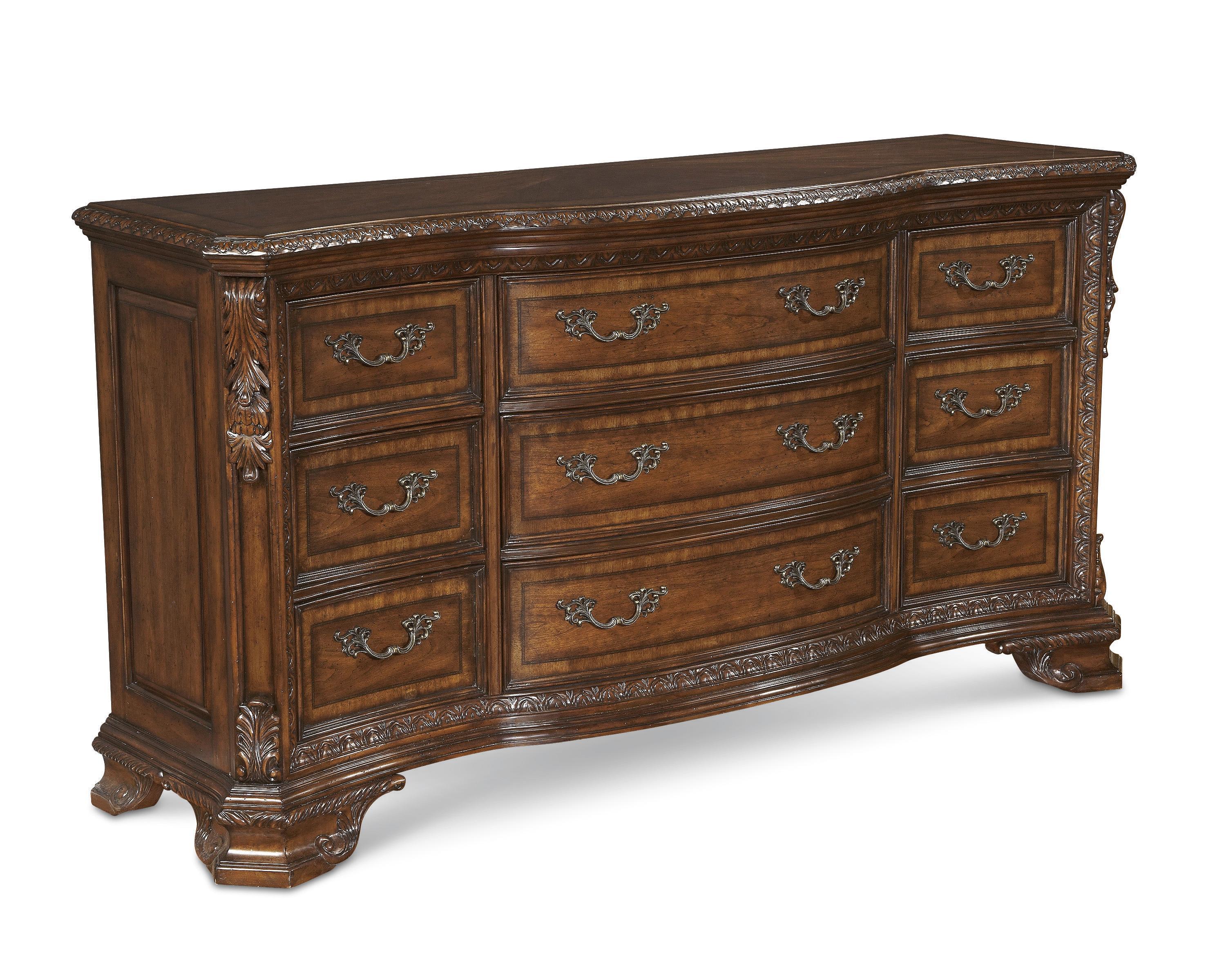 

    
Brown & Cherry Wood Dresser w/ Mirror by A.R.T. Furniture Old World
