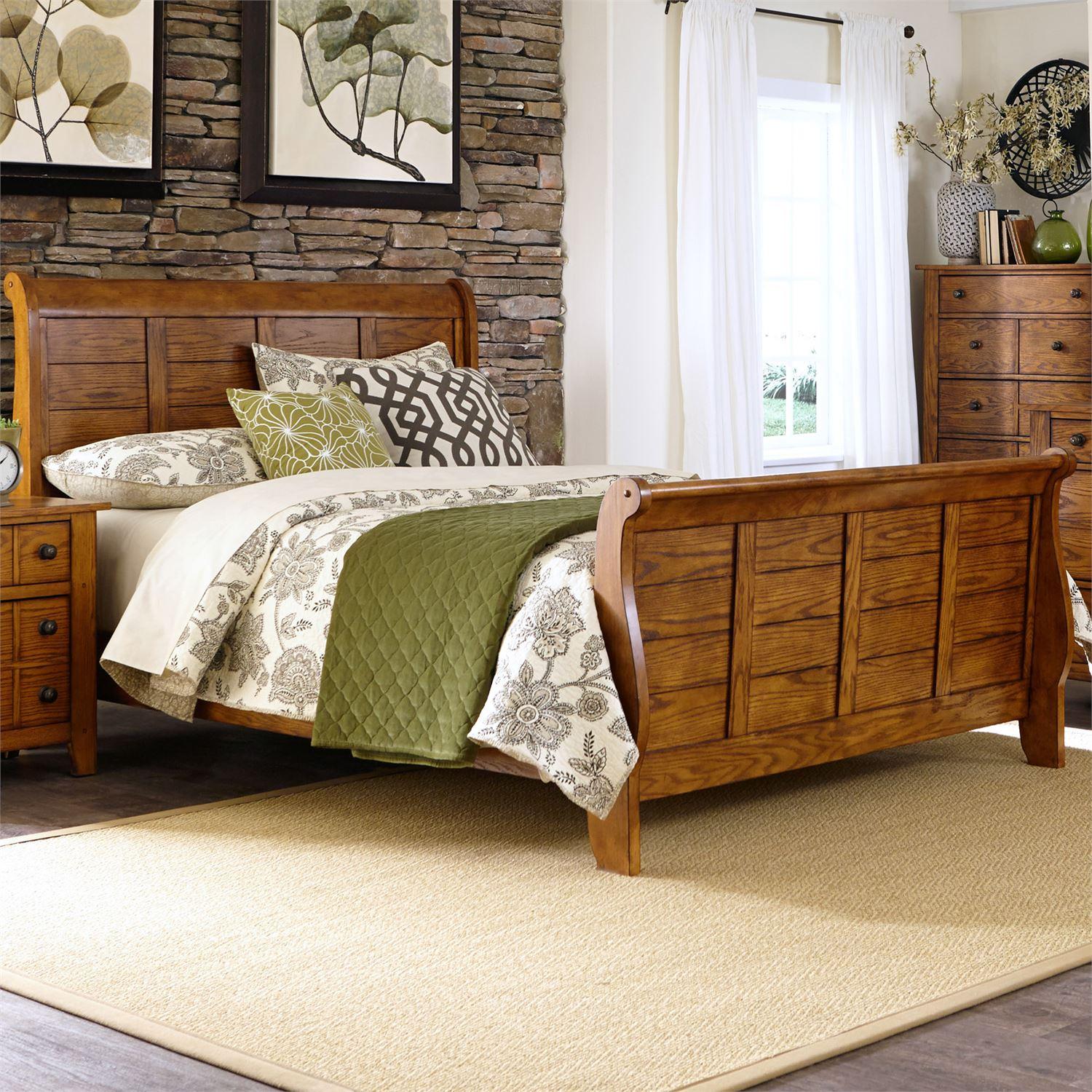 Traditional Sleigh Bed Grandpas Cabin  (175-BR) Sleigh Bed 175-BR-KSL in Oak, Brown Matte Lacquer