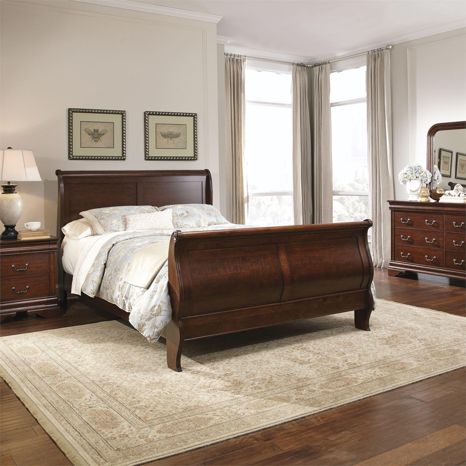 

    
Mahogany Stain Finish Queen Sleigh Bed Set 4Pcs Carriage Court 709-BR-QSLDMN Liberty Furniture
