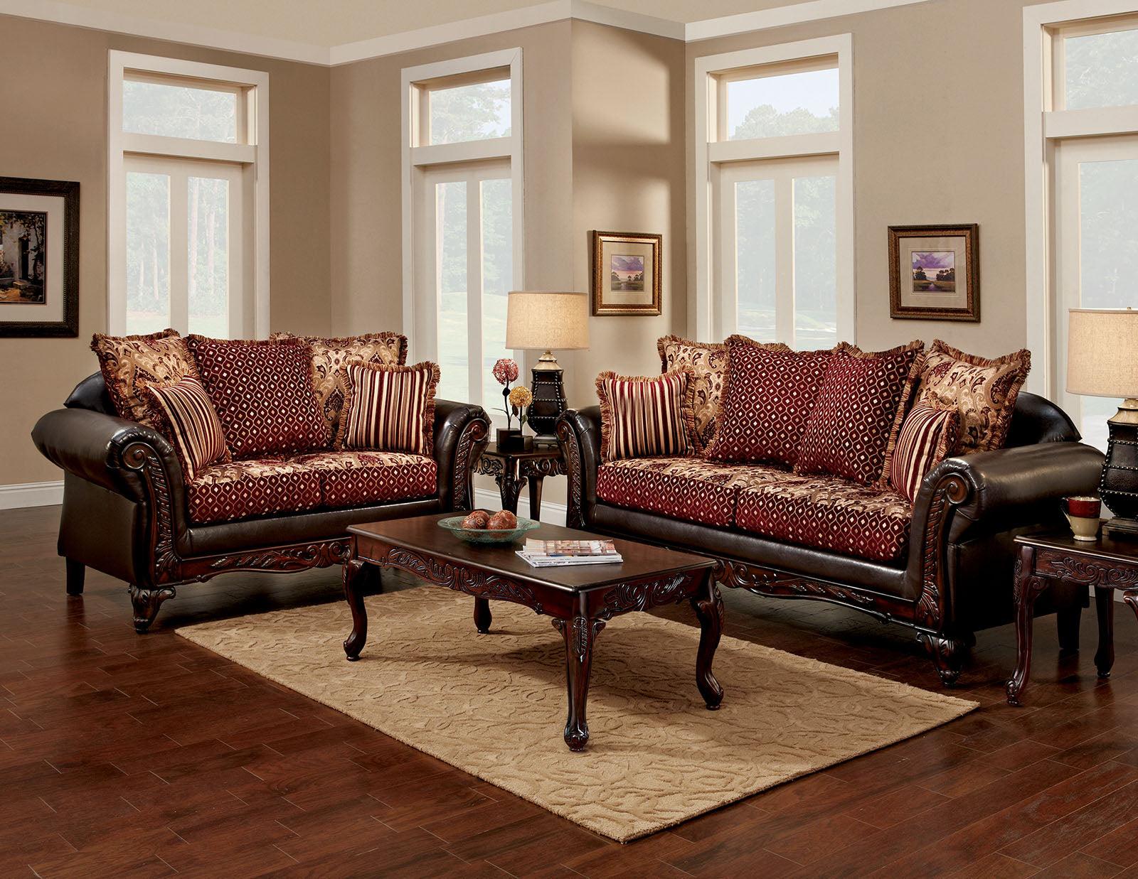 Traditional Sofa Loveseat and Coffee Table Set SM7507N-5PC Ellis & Cheshire SM7507N-5PC in Burgundy, Brown Chenille