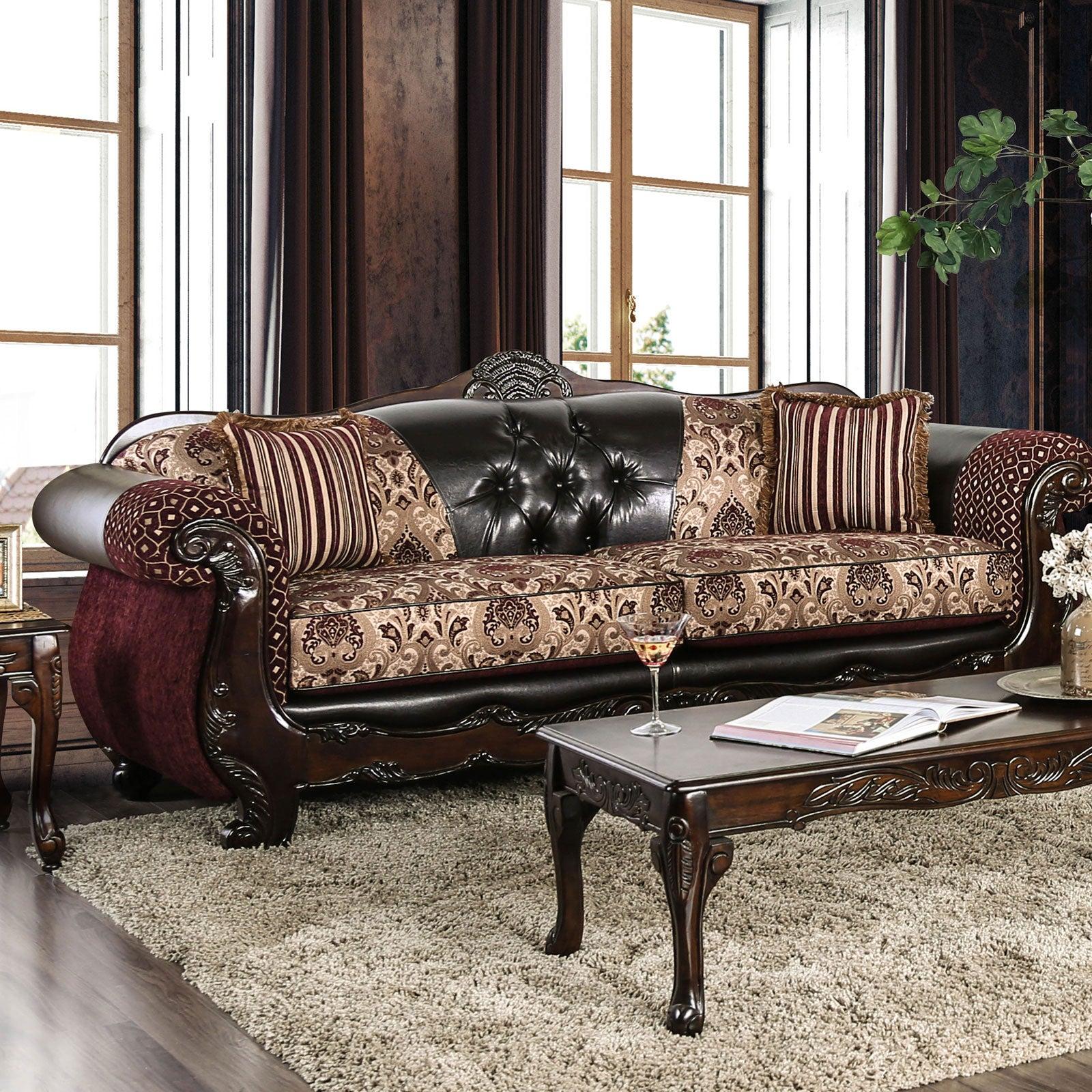 

    
Traditional Burgundy & Dark Brown Living Room Set 5pcs Furniture of America Quirino & Cheshire
