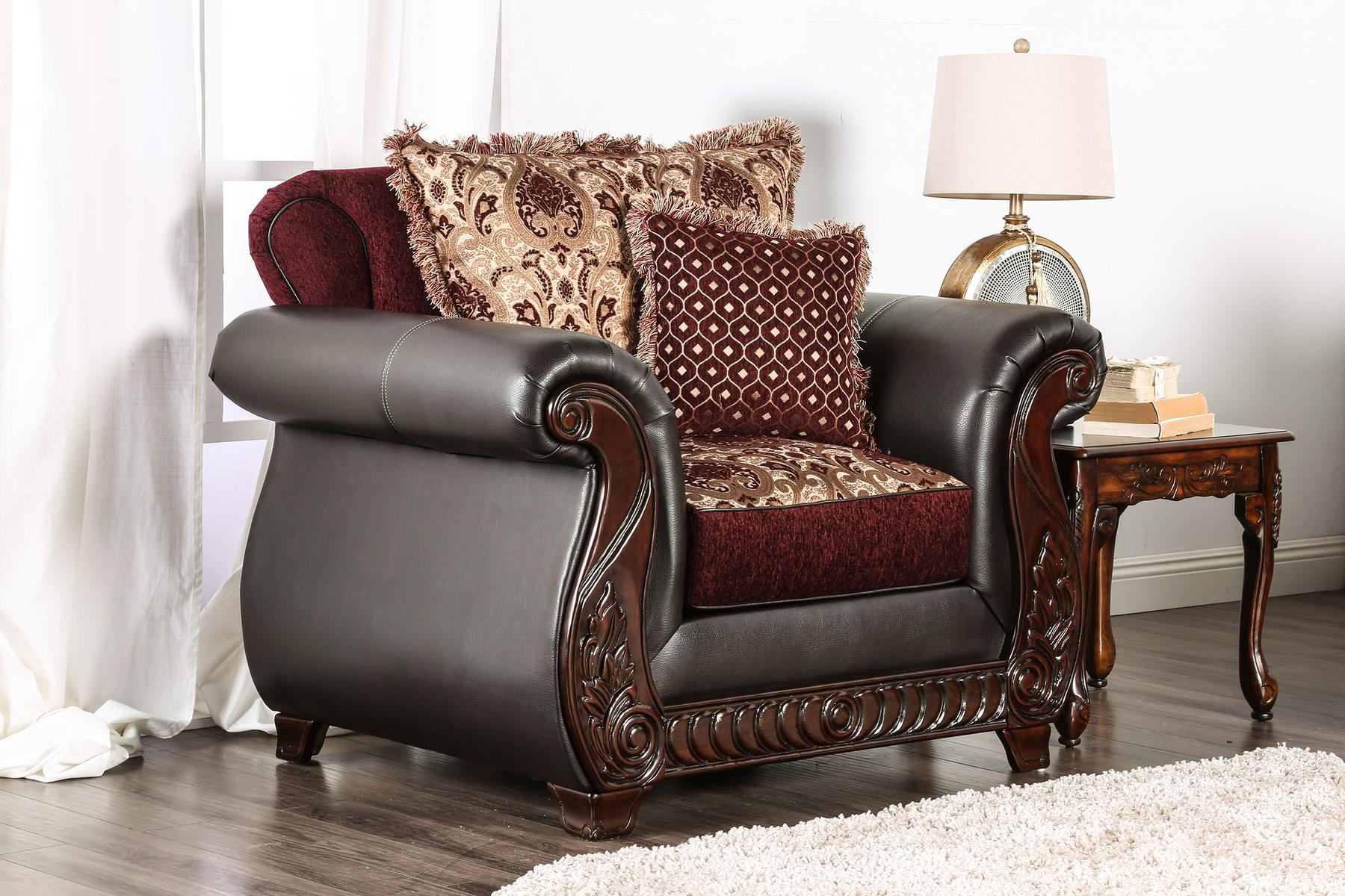 

    
Traditional Burgundy & Espresso Leatherette Living Room Set 3pcs Furniture of America Franklin
