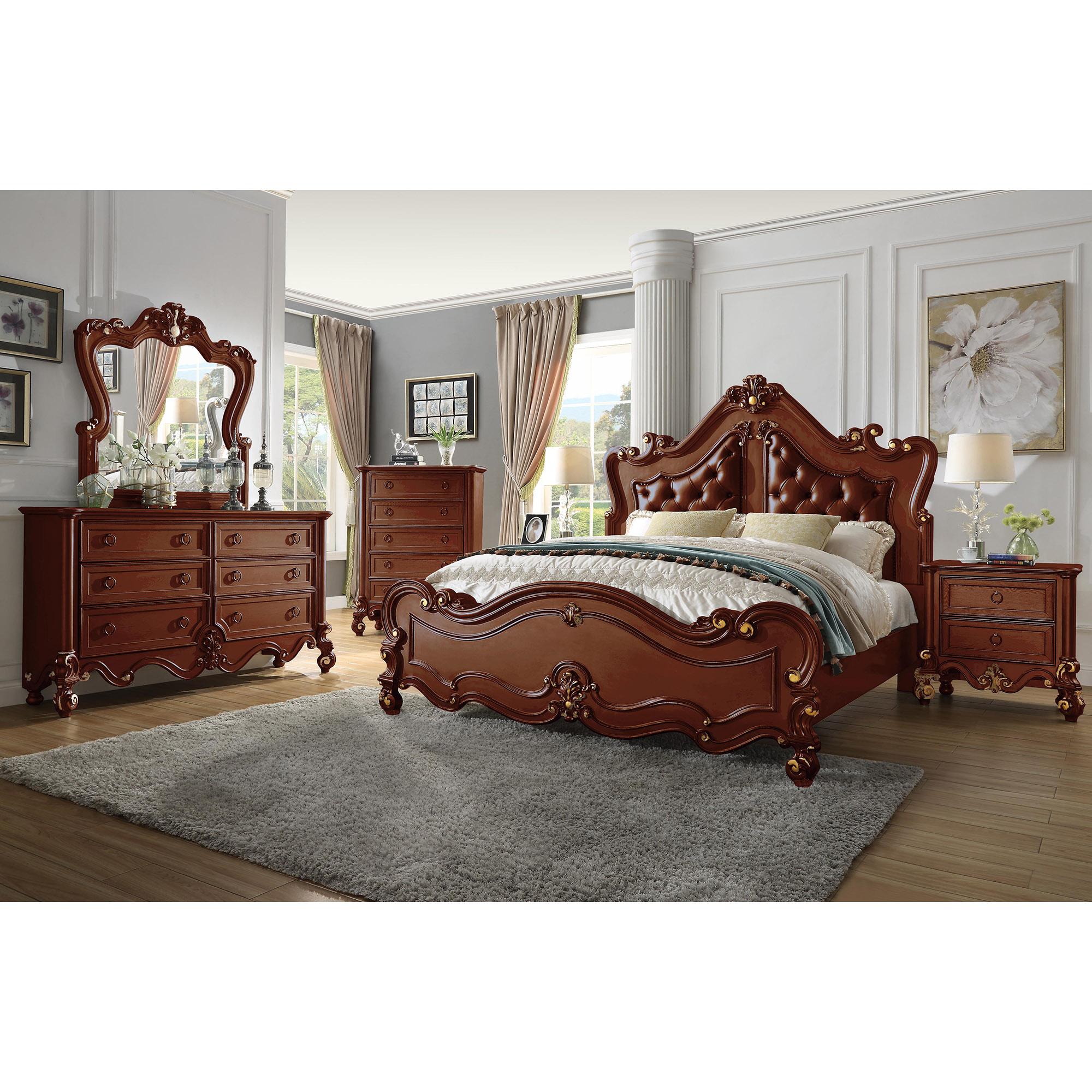 Traditional Panel Bedroom Set HD-999 CHERRY HD-EK999C-4PC-BEDROOM in Cherry, Gold Leather