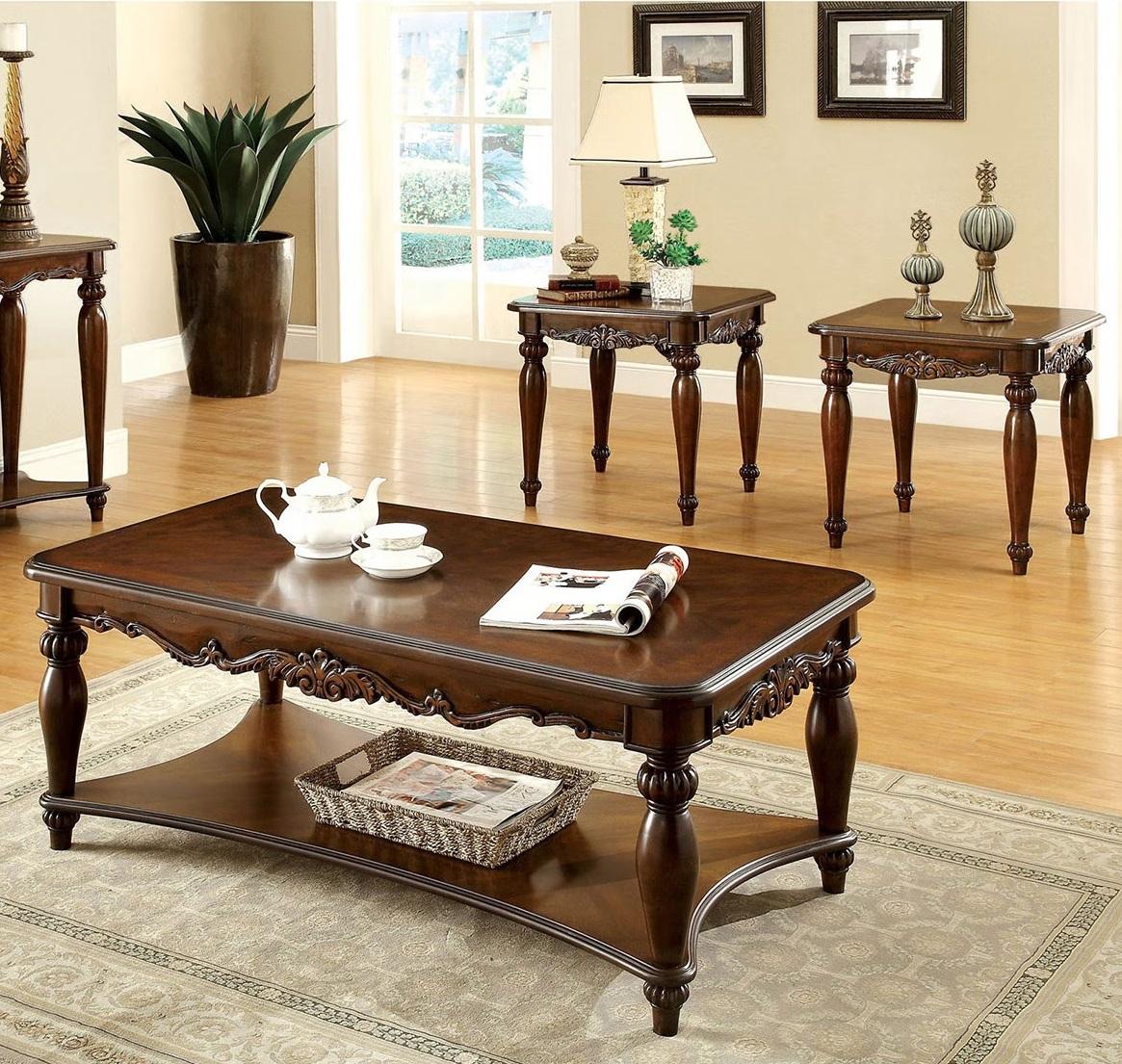 Traditional Coffee Table and End Table Set CM4915-3PK Bunbury CM4915-3PK in Cherry 