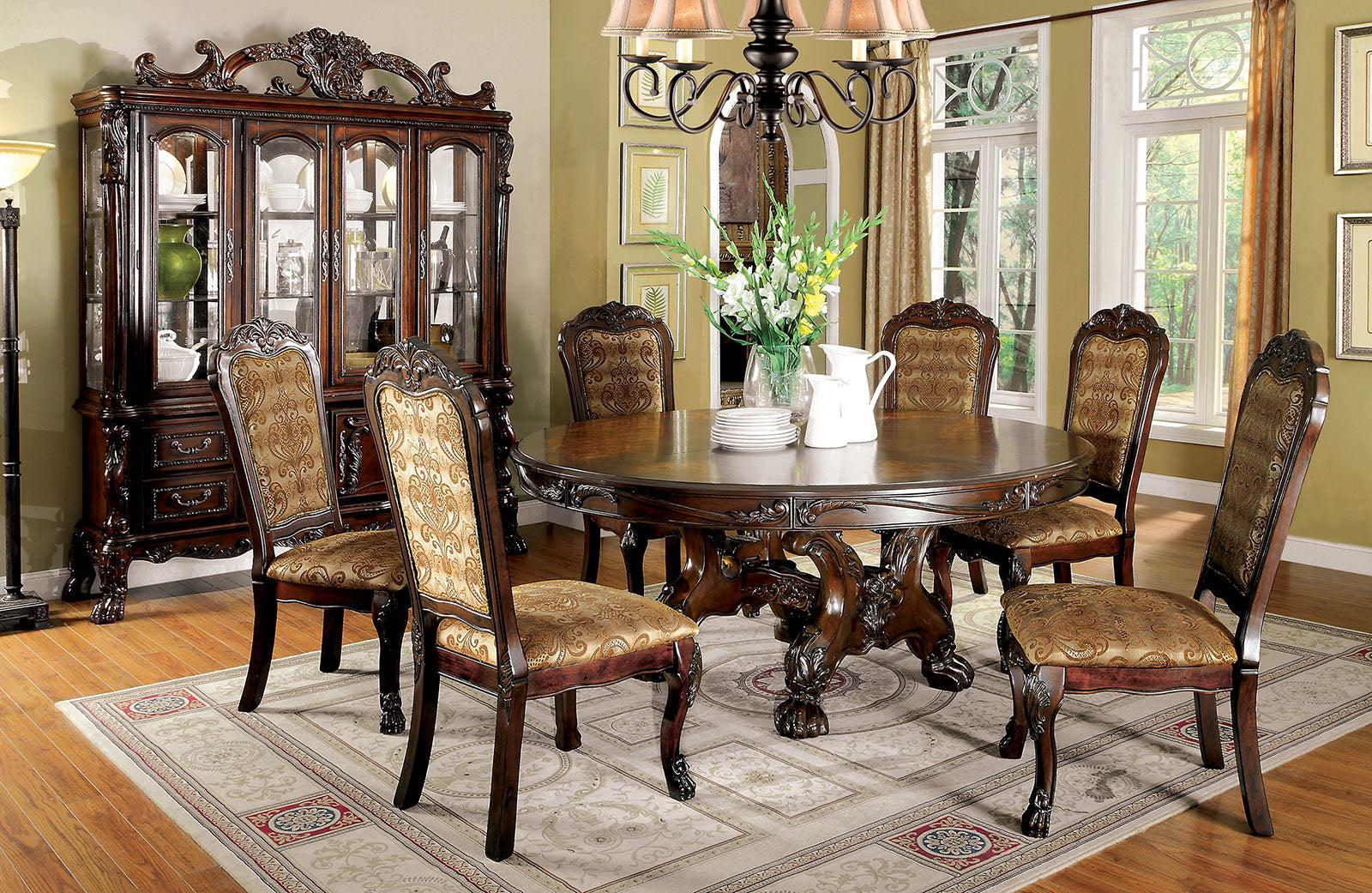 

    
Traditional Cherry Solid Wood Round Dining Table Set 8pcs Furniture of America Medieve
