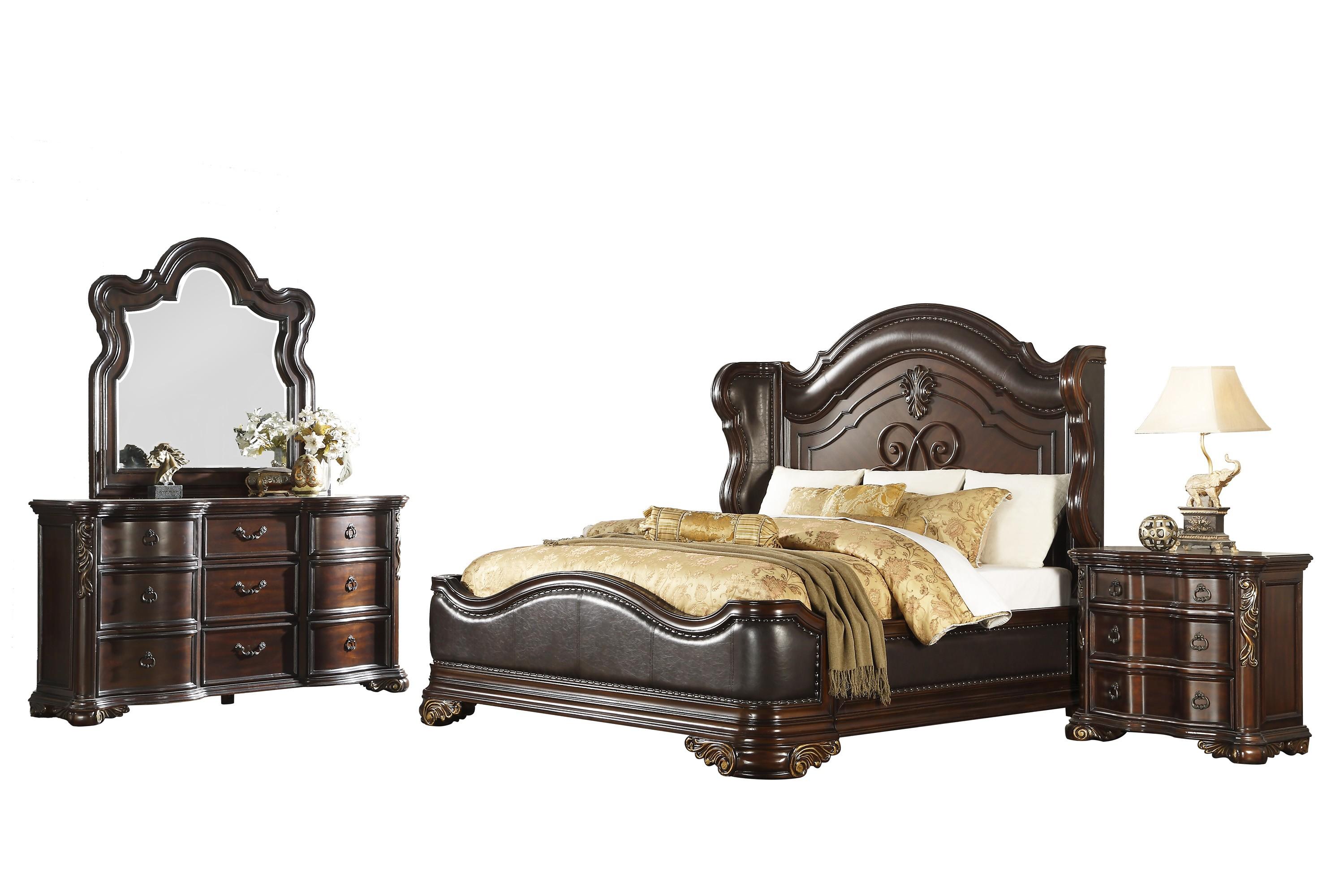 Traditional Bedroom Set 1603K-1CK-5PC Royal Highlands 1603K-1CK-5PC in Cherry Faux Leather