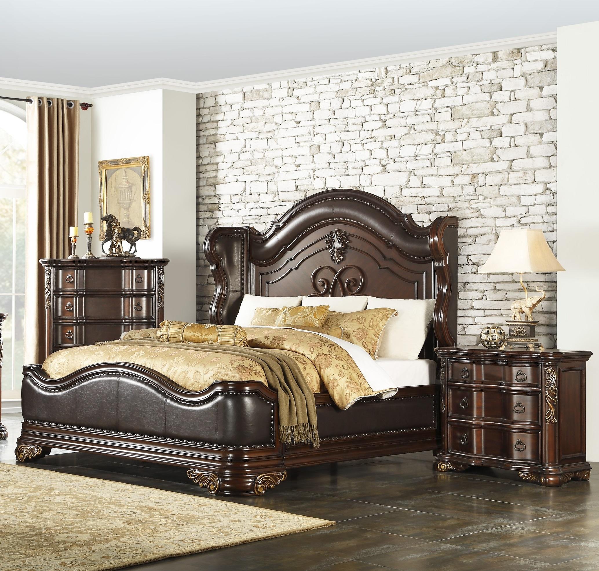Traditional Bedroom Set 1603K-1EK-3PC Royal Highlands 1603K-1EK-3PC in Cherry Faux Leather