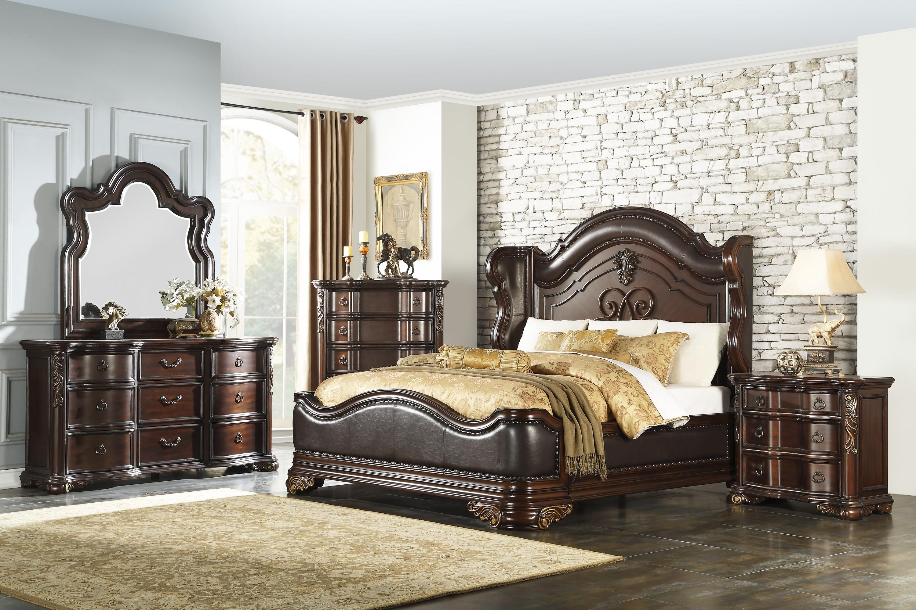 Traditional Bedroom Set 1603K-1EK-6PC Royal Highlands 1603K-1EK-6PC in Cherry Faux Leather