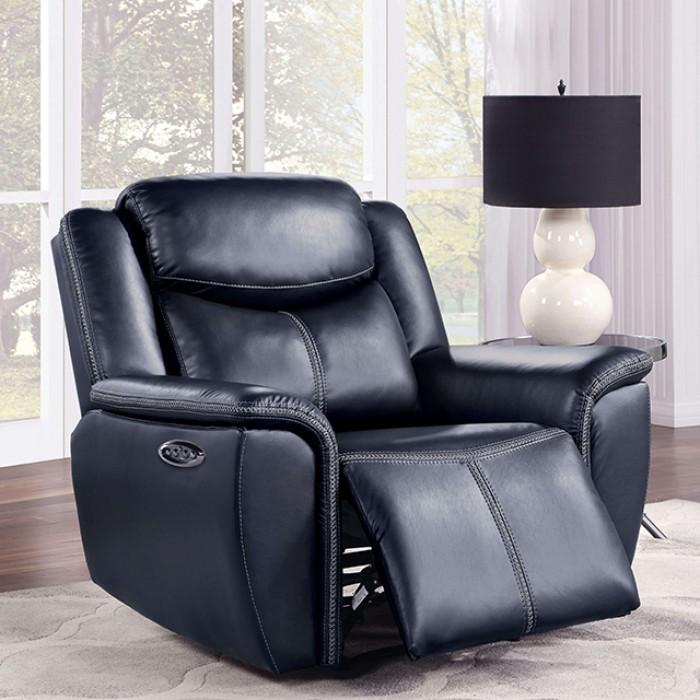 

    
Traditional Dark Blue Leather Recliner Chair Furniture of America Abbotsford CM6147BL-CH-PM
