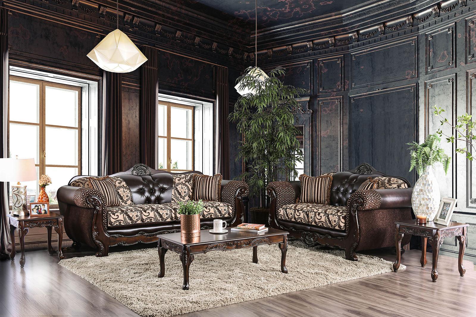 Traditional Sofa Loveseat and Coffee Table Set SM6416-5PC Quirino & Cheshire SM6416-5PC in Dark Brown Chenille