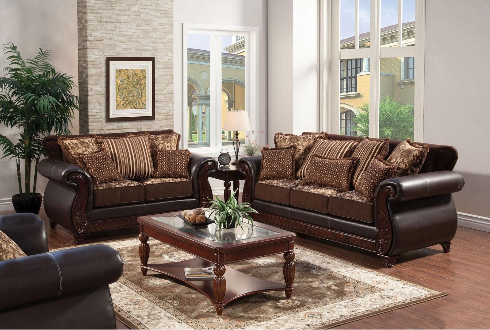 

    
Traditional Dark Brown & Tan Leatherette Living Room Set 3pcs Furniture of America Franklin
