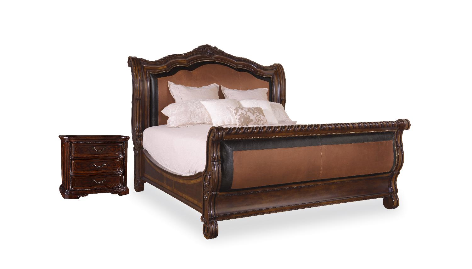 Traditional Sleigh Bedroom Set Valencia 209147-2304-BR-2N-3PCS in Dark Oak Faux Leather