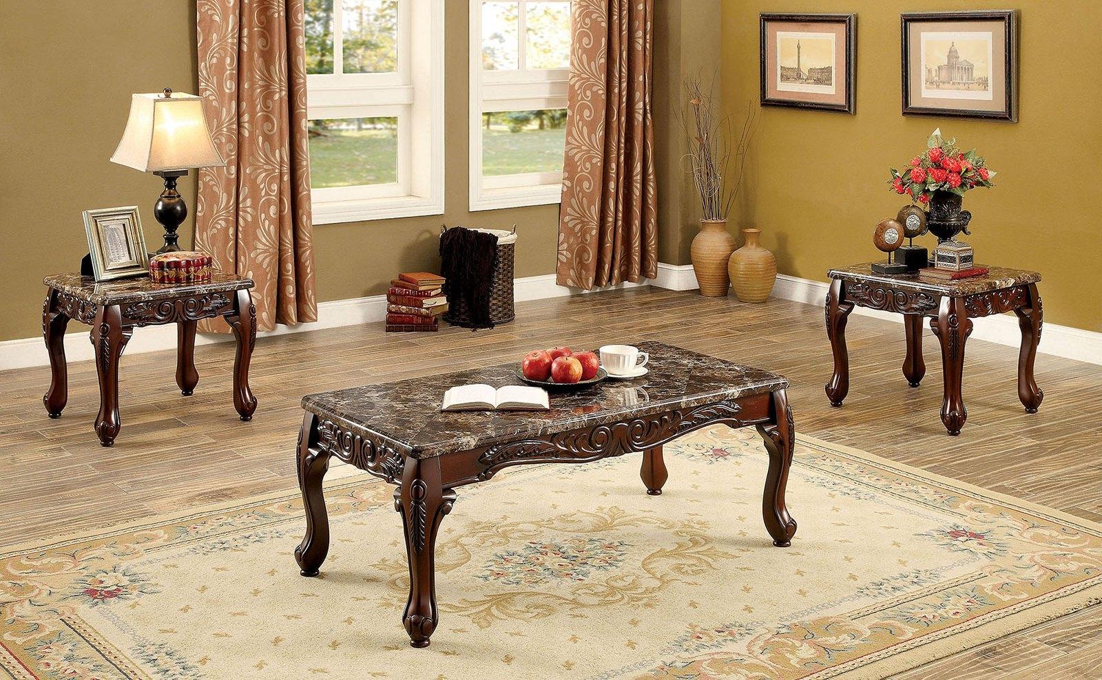 

    
Traditional Dark Oak Faux Marble Coffee Table Set 3pcs Furniture of America CM4487BR-3PK Lechester
