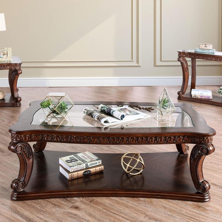 

    
Traditional Dark Oak Tempered Glass Top Coffee Table Furniture of America CM4428C Walworth
