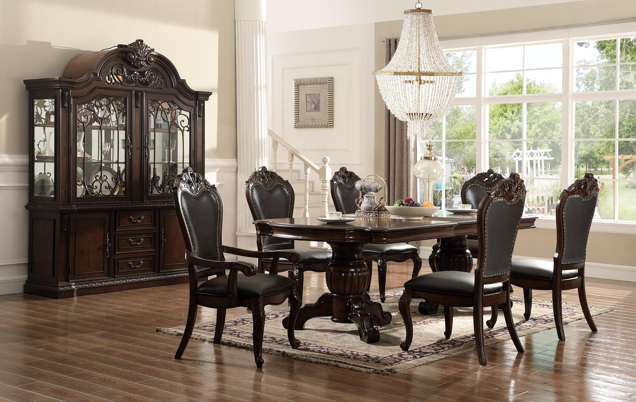 Traditional Dining Room Set D3601 D3601-8PC in Brown Faux Leather