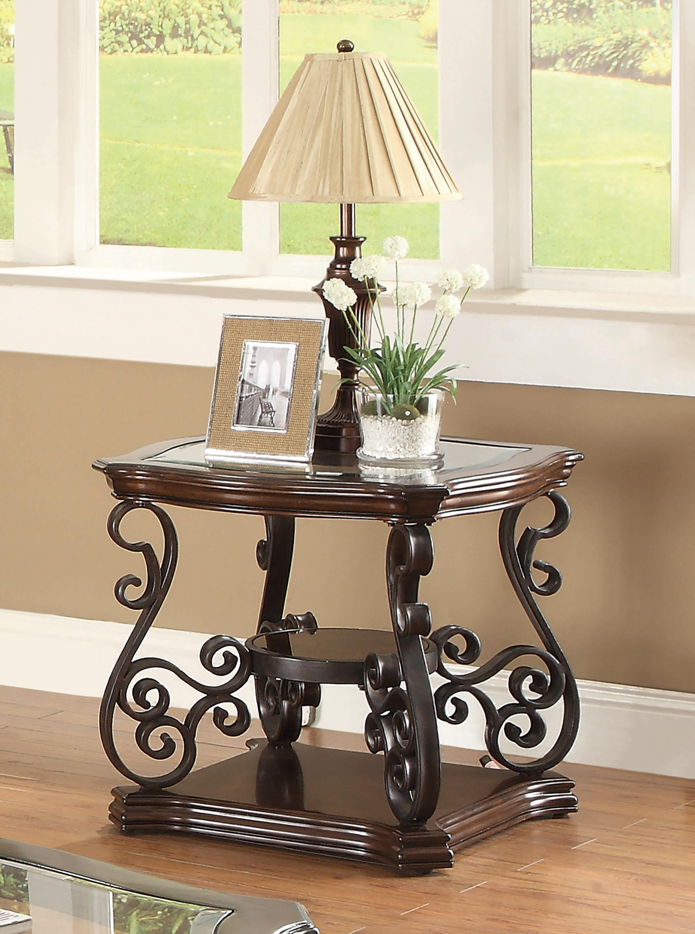 

    
Traditional Deep Merlot Metal & Tempered Glass End Table Coaster 702447
