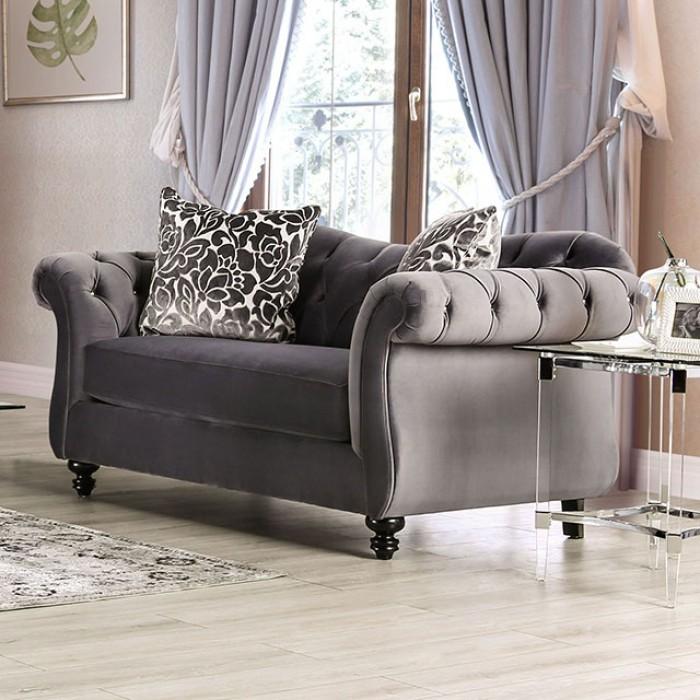 

    
Glam Gray Fabric Loveseat ANTOINETTE SM2229-LV Furniture of America Classic
