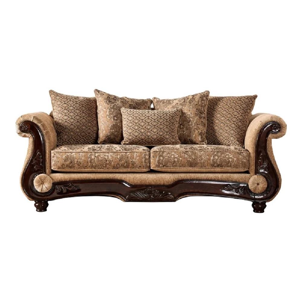 

    
Tan & Gold Chenille Sofa NICANOR SM6407-SF Furniture of America Traditional
