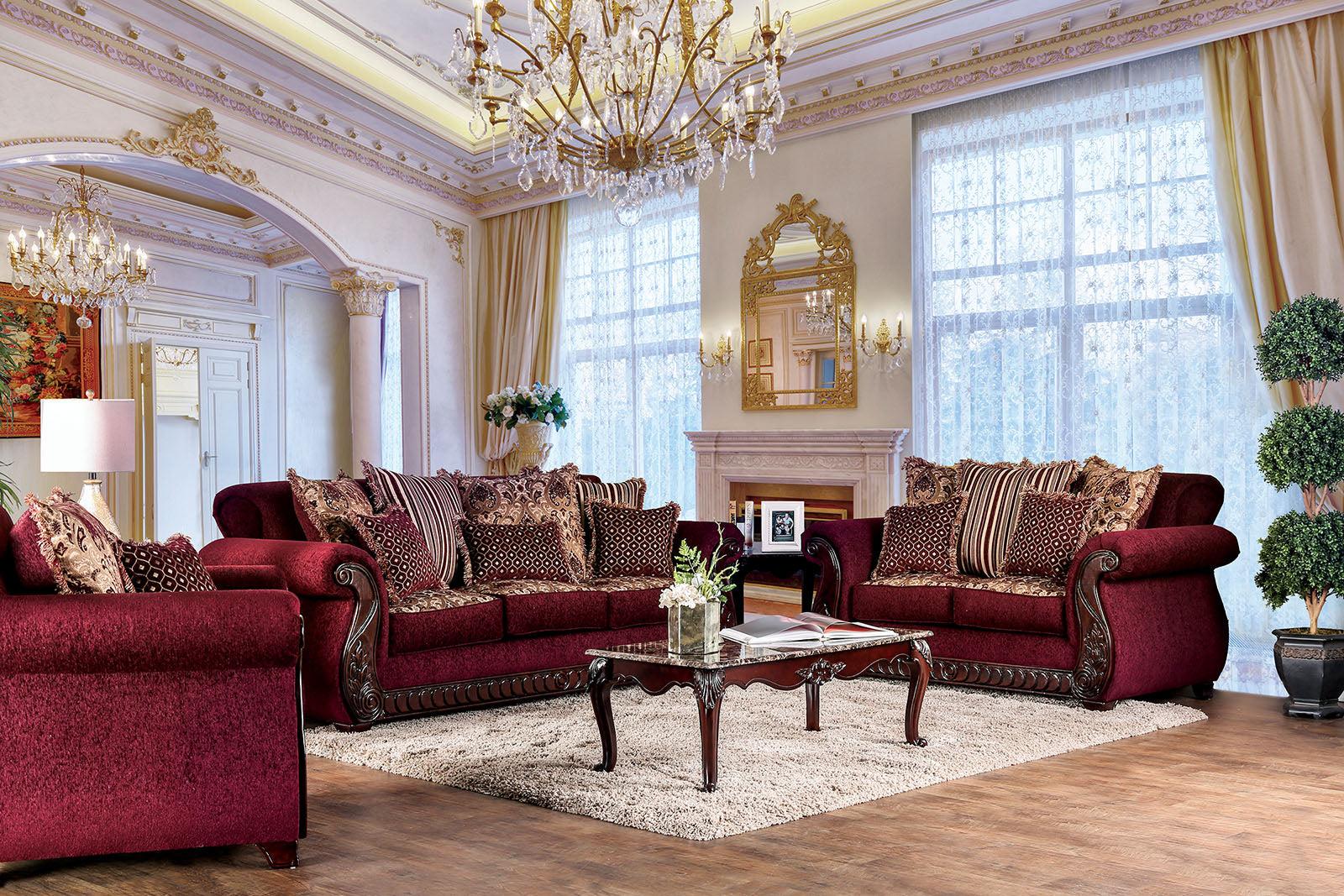 

    
Wine & Gold Fabric Sofa TABITHA SM6110-SF Furniture of America Traditional
