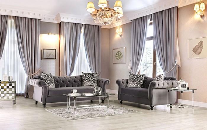 

    
Glam Gray Fabric Sofa ANTOINETTE SM2229-SF Furniture of America Classic

