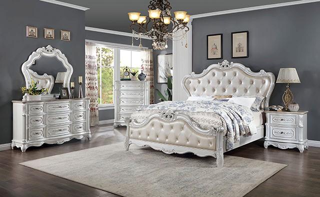 

    
Traditional Pearl White Wood Flannelette Headboard 6 PCS King Panel Bedroom Set by Furniture of America CM7243GL Rosalind
