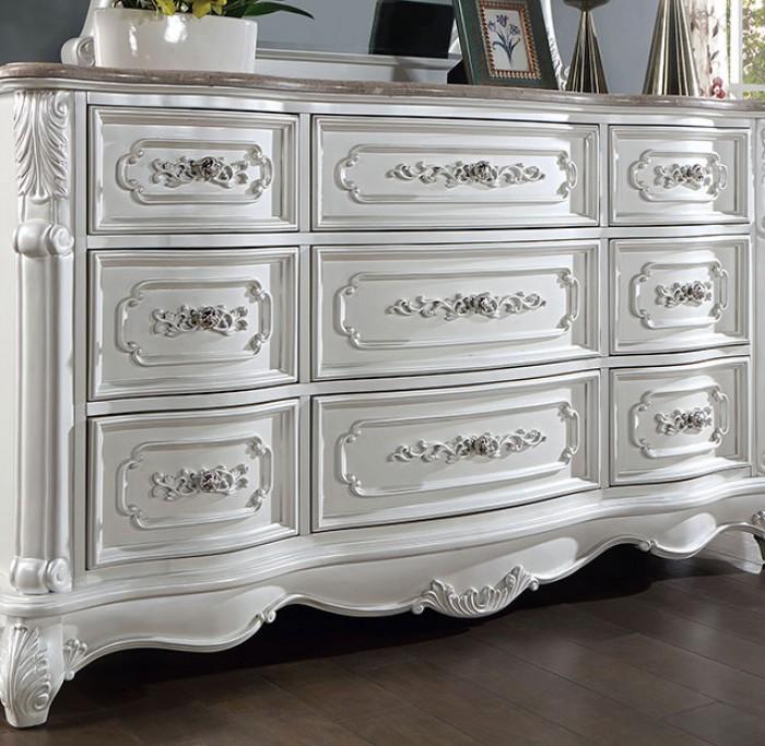 

                    
Buy Traditional Pearl White Wood Flannelette Headboard 6 PCS King Panel Bedroom Set by Furniture of America CM7243GL Rosalind
