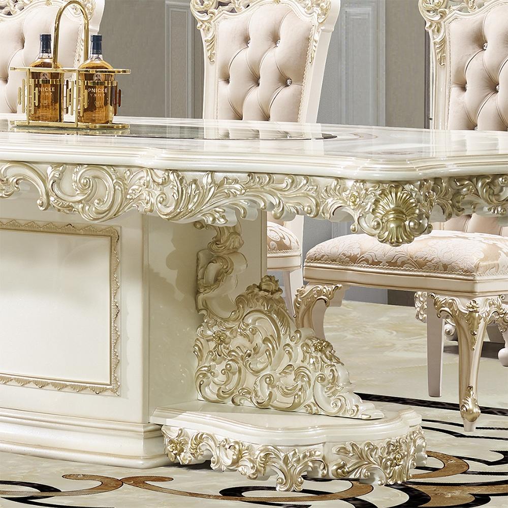 

                    
Homey Design Furniture HD-D959 Dining Room Set Antique White/Gold Fabric Purchase 
