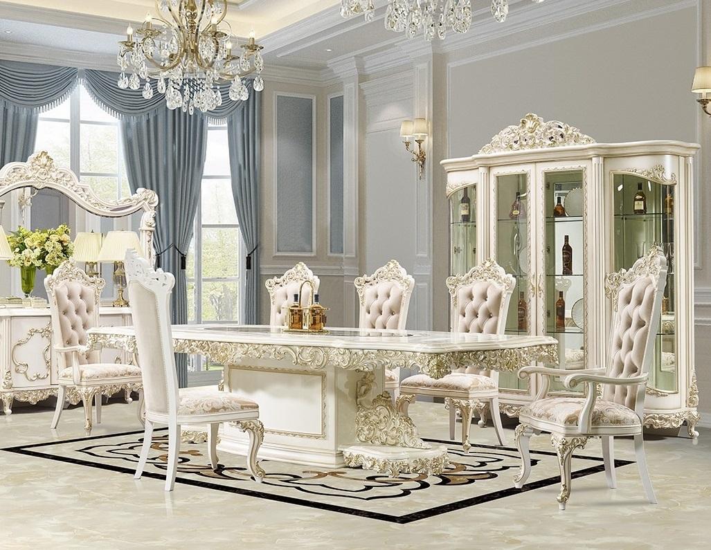 

    
Traditional Gold & Antique White Solid Wood Dining Room Set 9Pcs Homey Design HD-959
