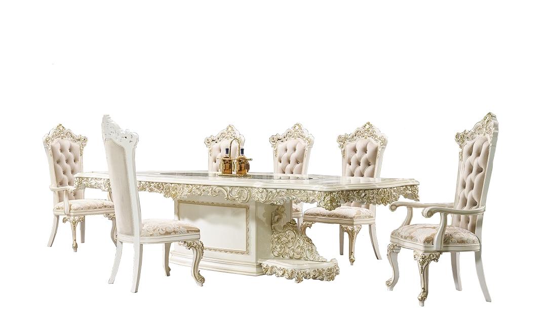 Traditional Dining Room Set HD-D959 HD-D959-SET9 in Antique White, Gold Fabric