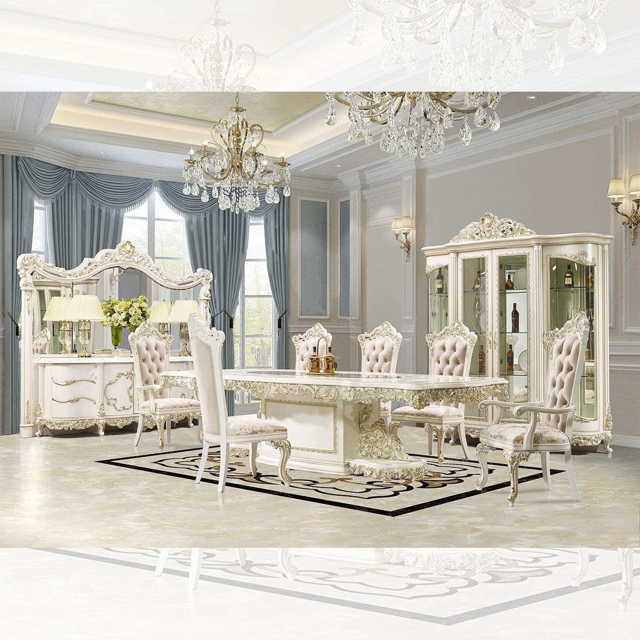 

    
HD-D959-SET9 Traditional Gold & Antique White Solid Wood Dining Room Set 9Pcs Homey Design HD-959
