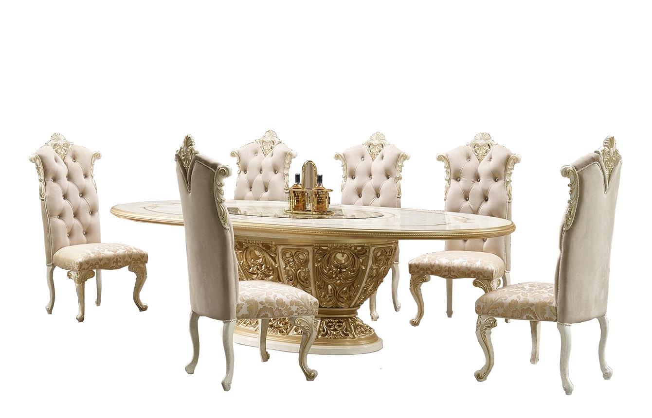 Classic Dining Room Set HD-D903 HD-D903-SET-7PC in Cream, Gold Fabric