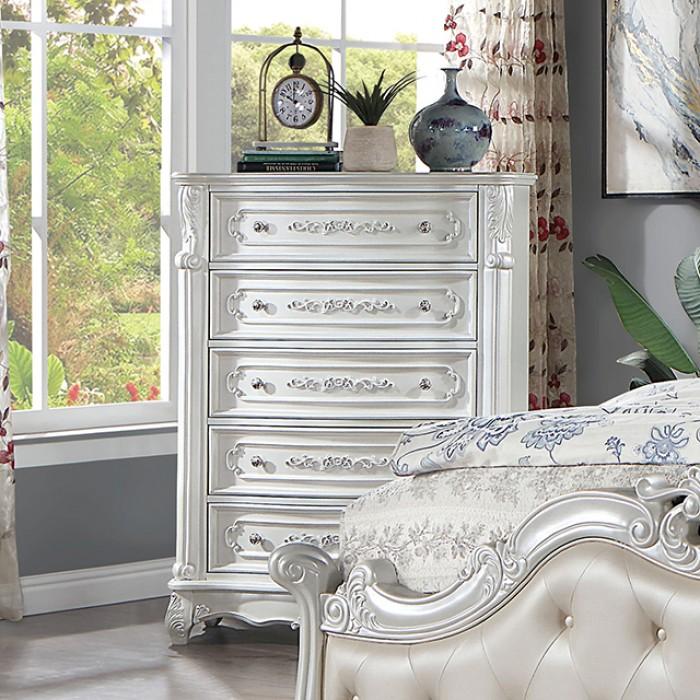 

    
Traditional Pearl White Wood Flannelette Headboard 6 PCS Cal.King Panel Bedroom Set by Furniture of America CM7243WH-CK-6PCS
