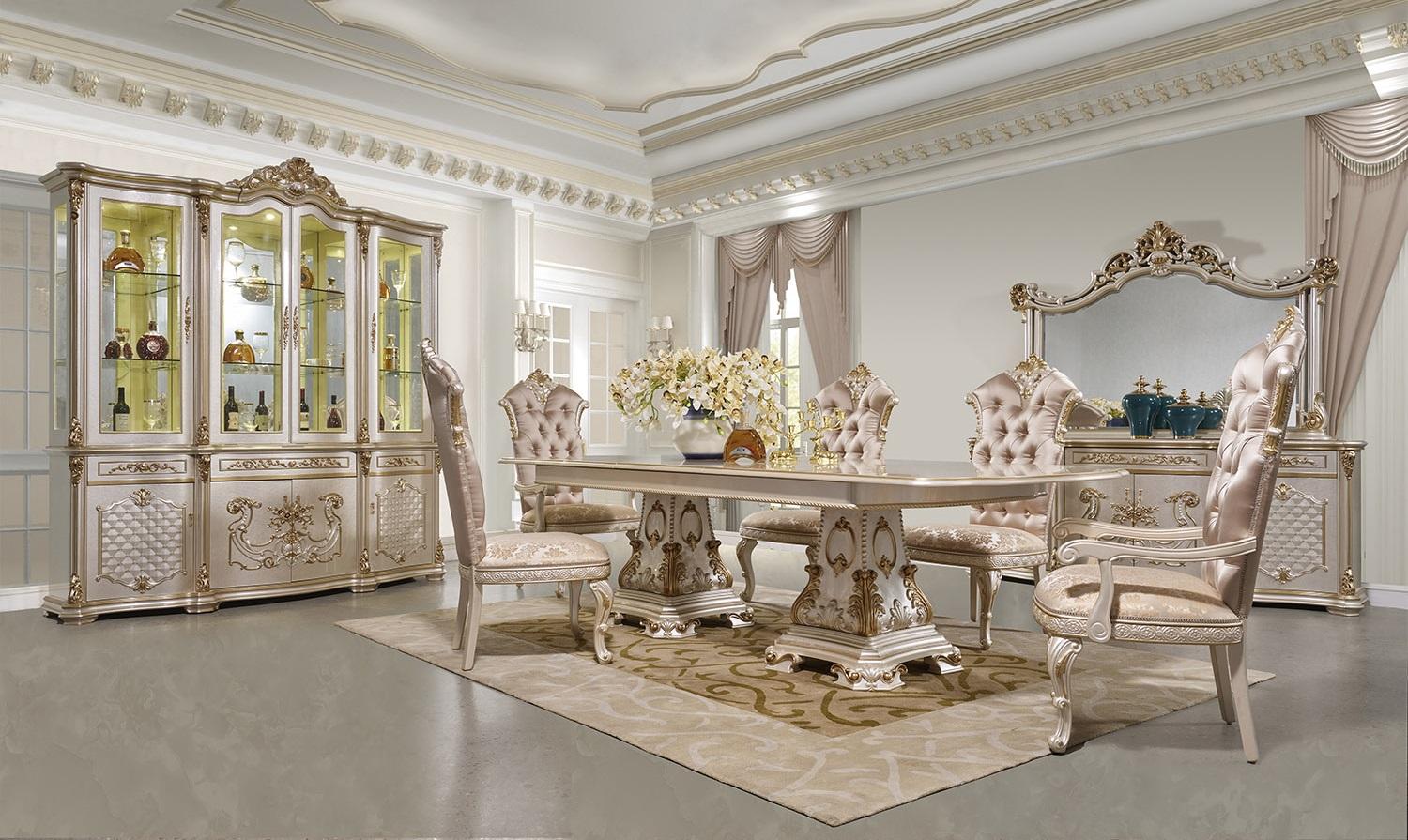 

    
Traditional Gold & Pink Beige Solid Wood Dining Room Set 9pcs Homey Design HD-9086
